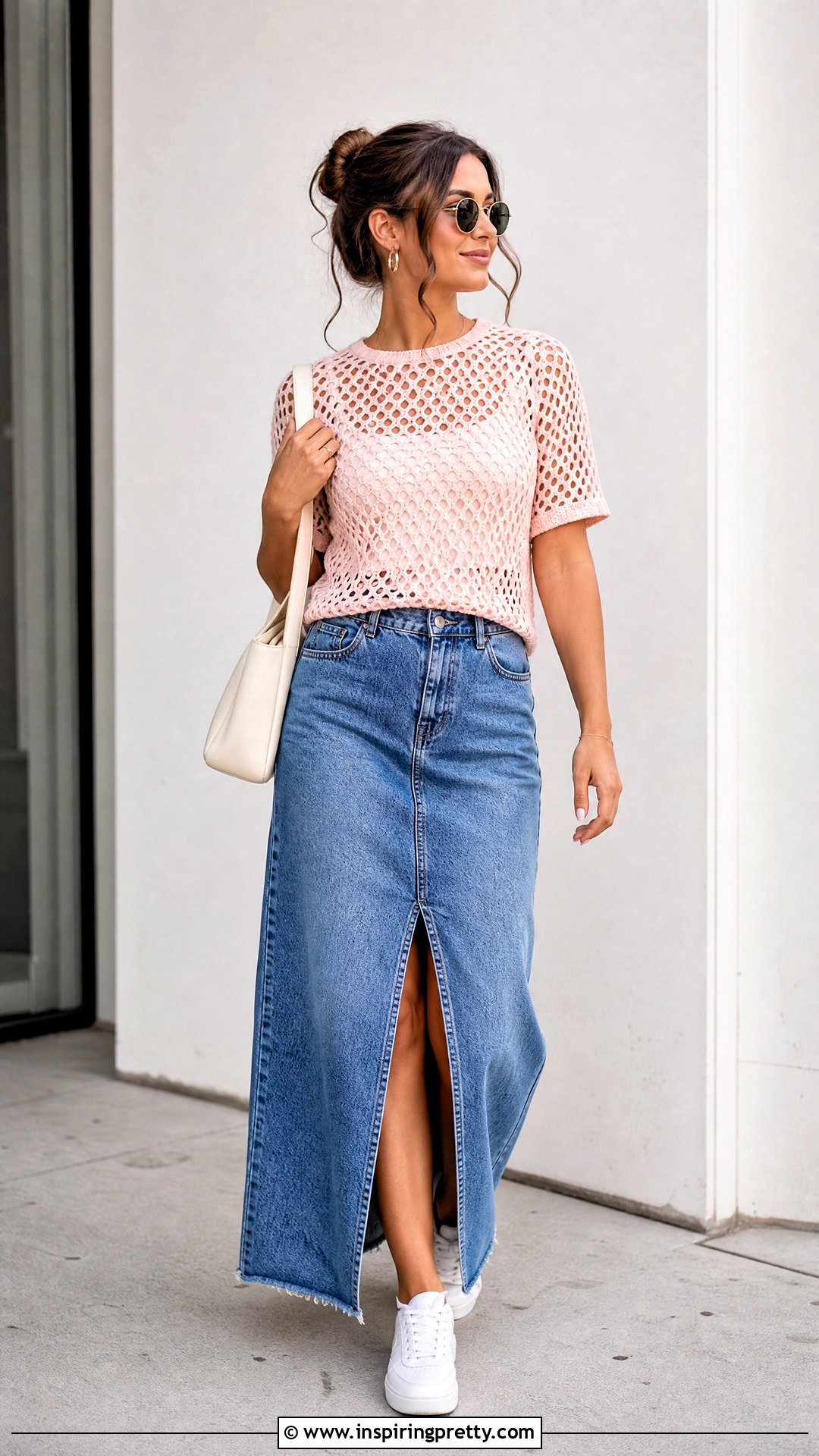 Pink Mesh Crochet Top With Denim Maxi Skirt - 50 mesh crochet top outfit ideas