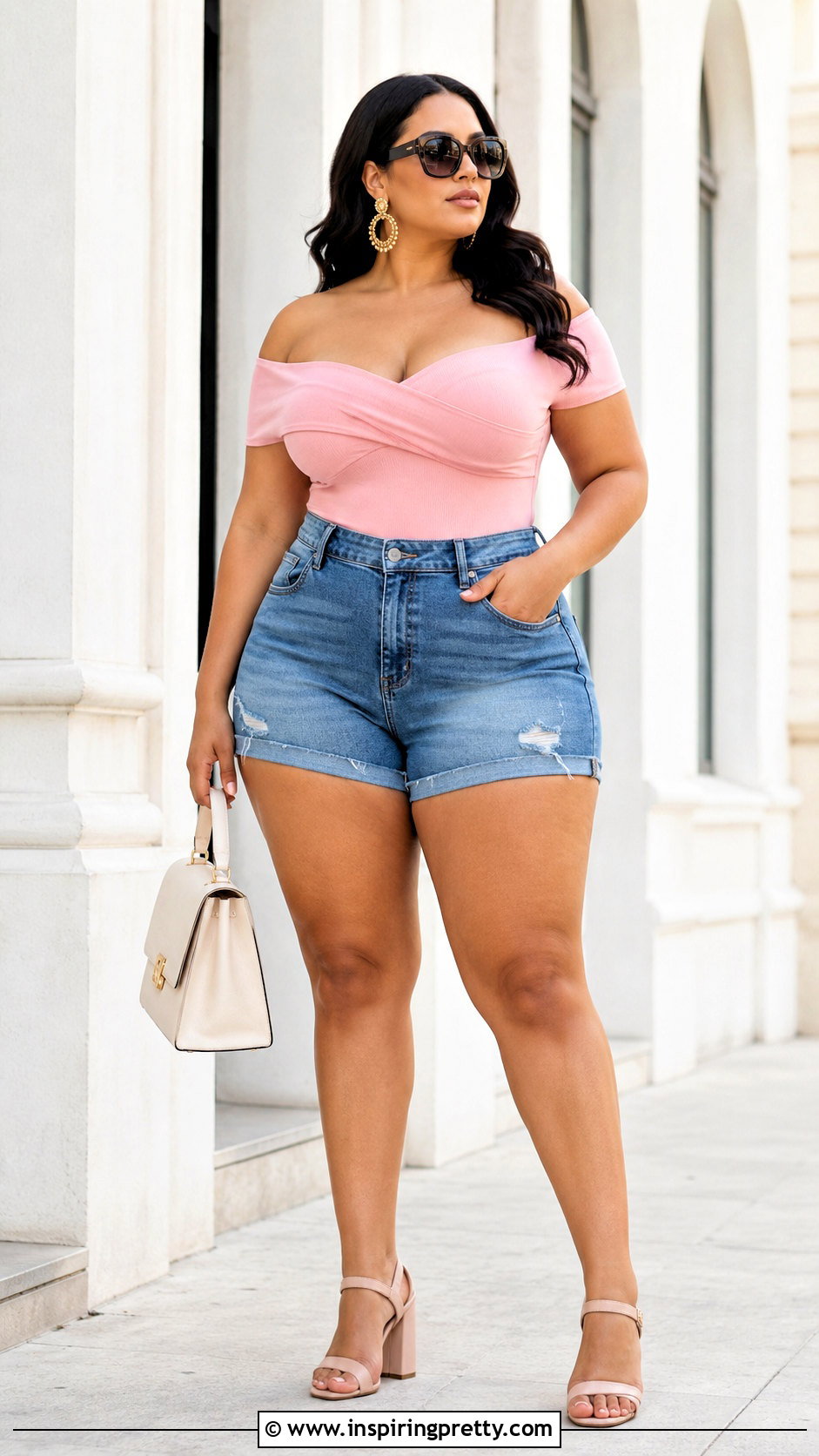 Pink Off Shoulder Bodysuit With Curvy Fit Denim Shorts And Sandals - 20 Pink Off-Shoulder Top With Denim Shorts