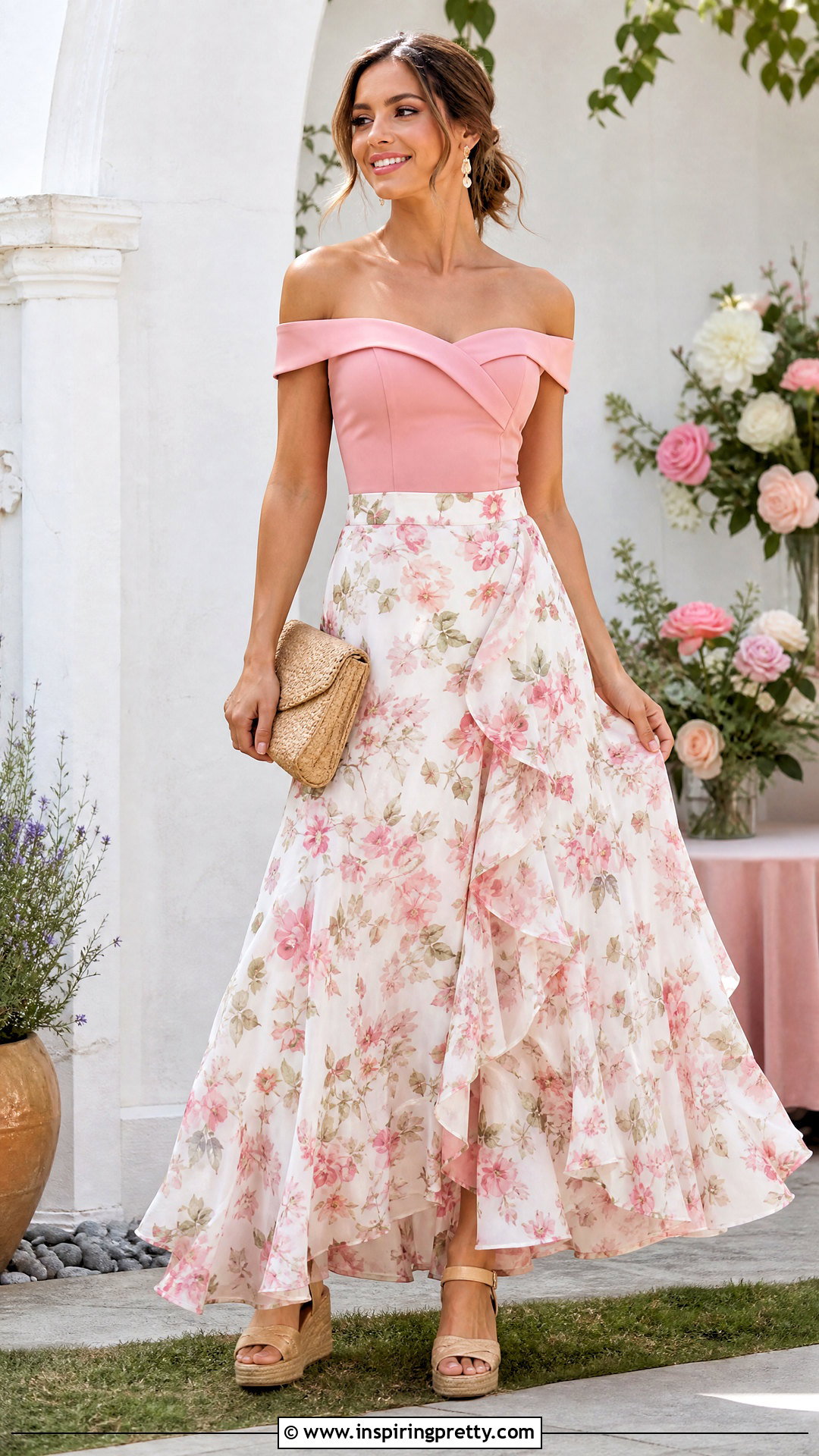 Pink Off Shoulder Top With Floral Ruffle Skirt - 20 floral skirt and pink top set outfit ideas