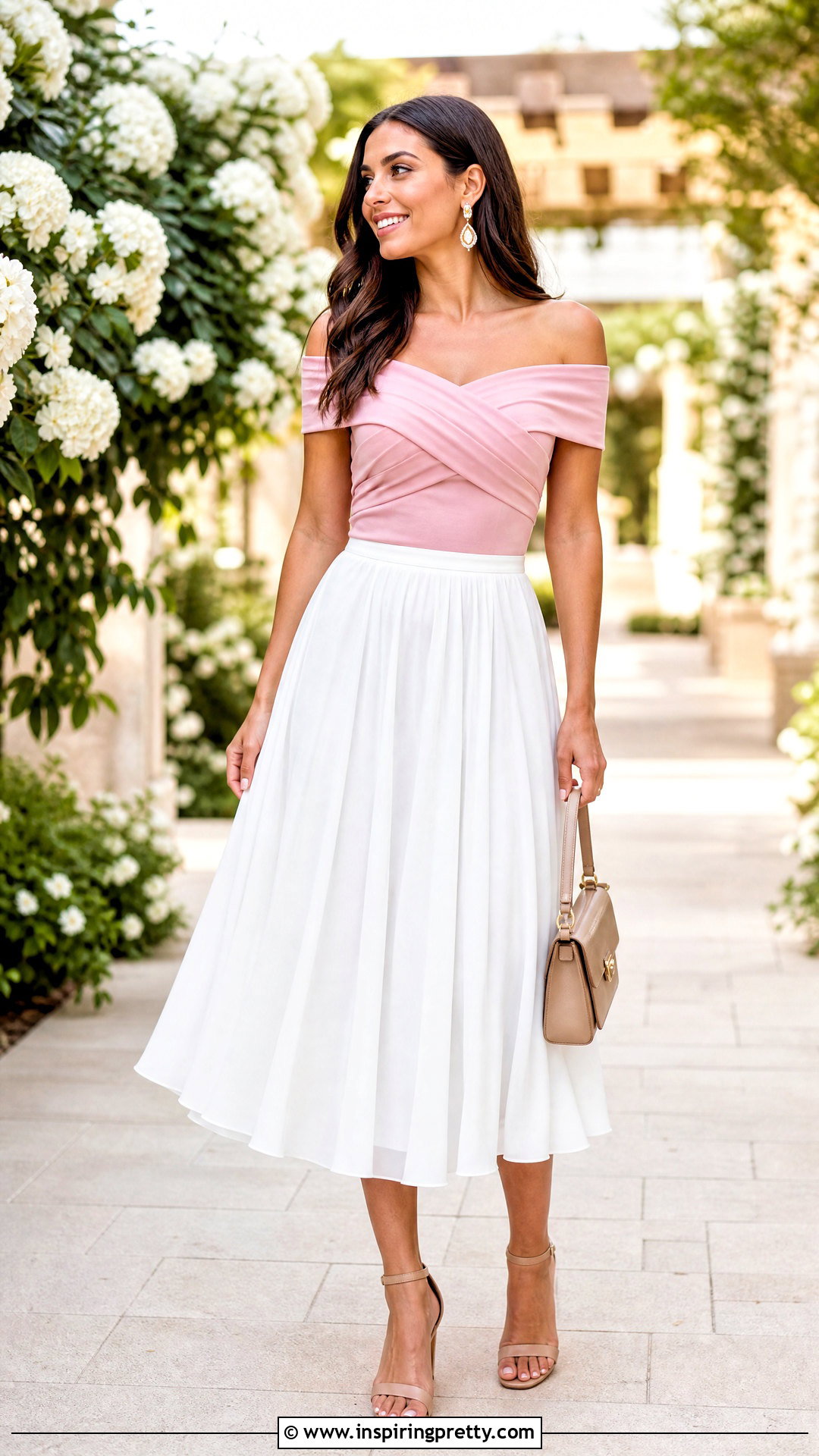 Pink Off Shoulder Top With Midi Skirt - 20 Trendy Pink Fashion Top outfit ideas