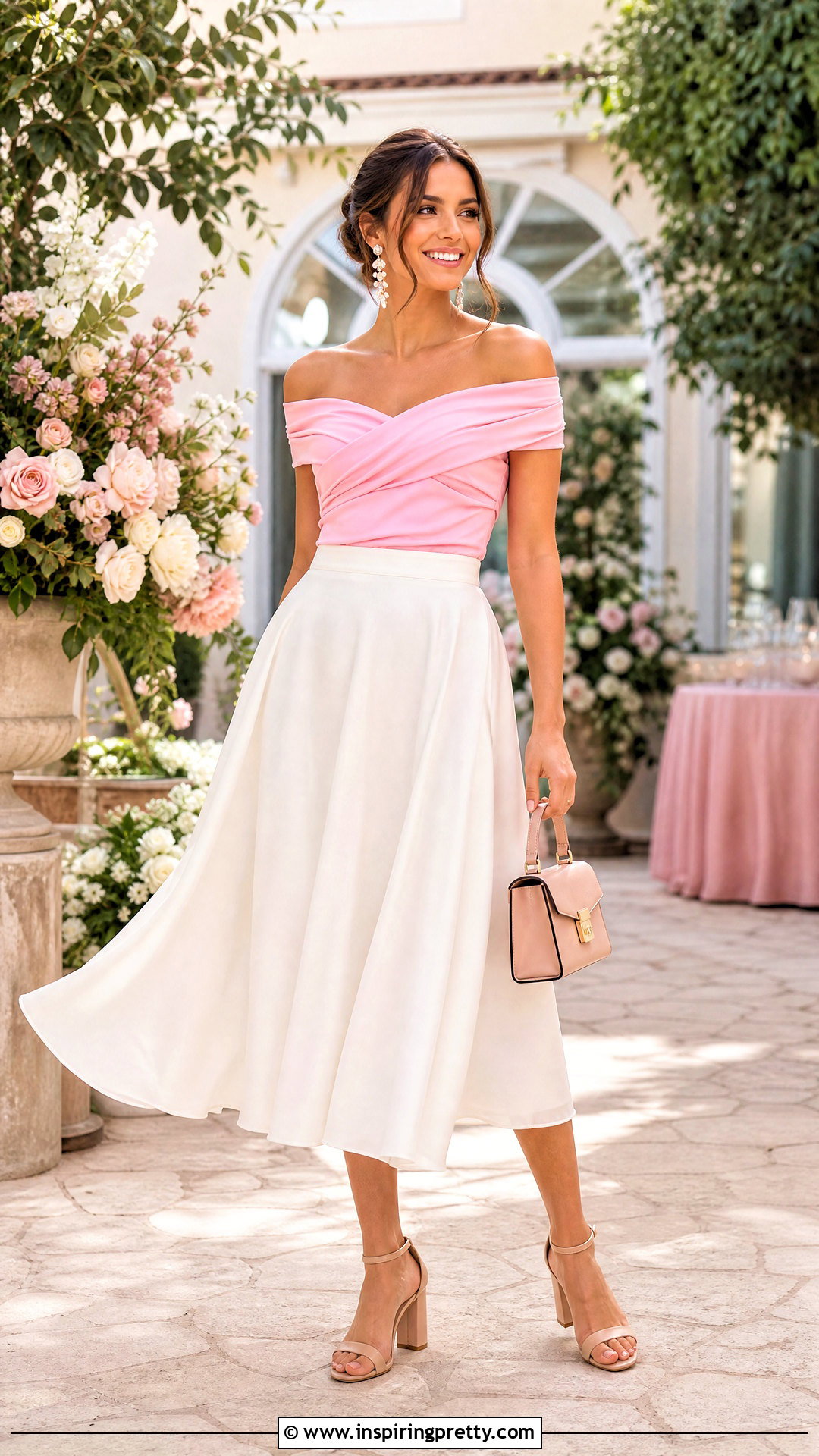 Pink Off Shoulder Top With White Midi Skirt - 50 pink top outfits