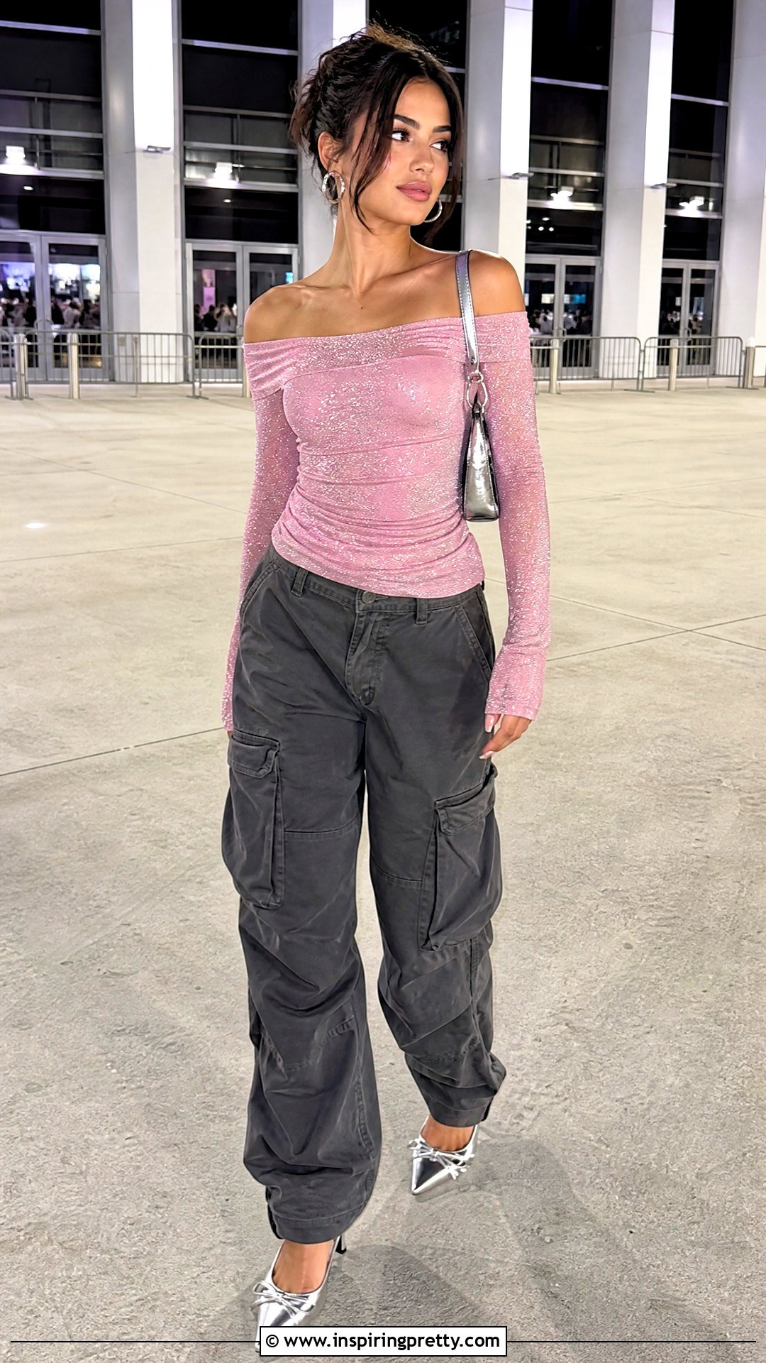 Pink Off The Shoulder Sparkly Top With Cargo Pants - 25 off the shoulder sparkly top outfit ideas