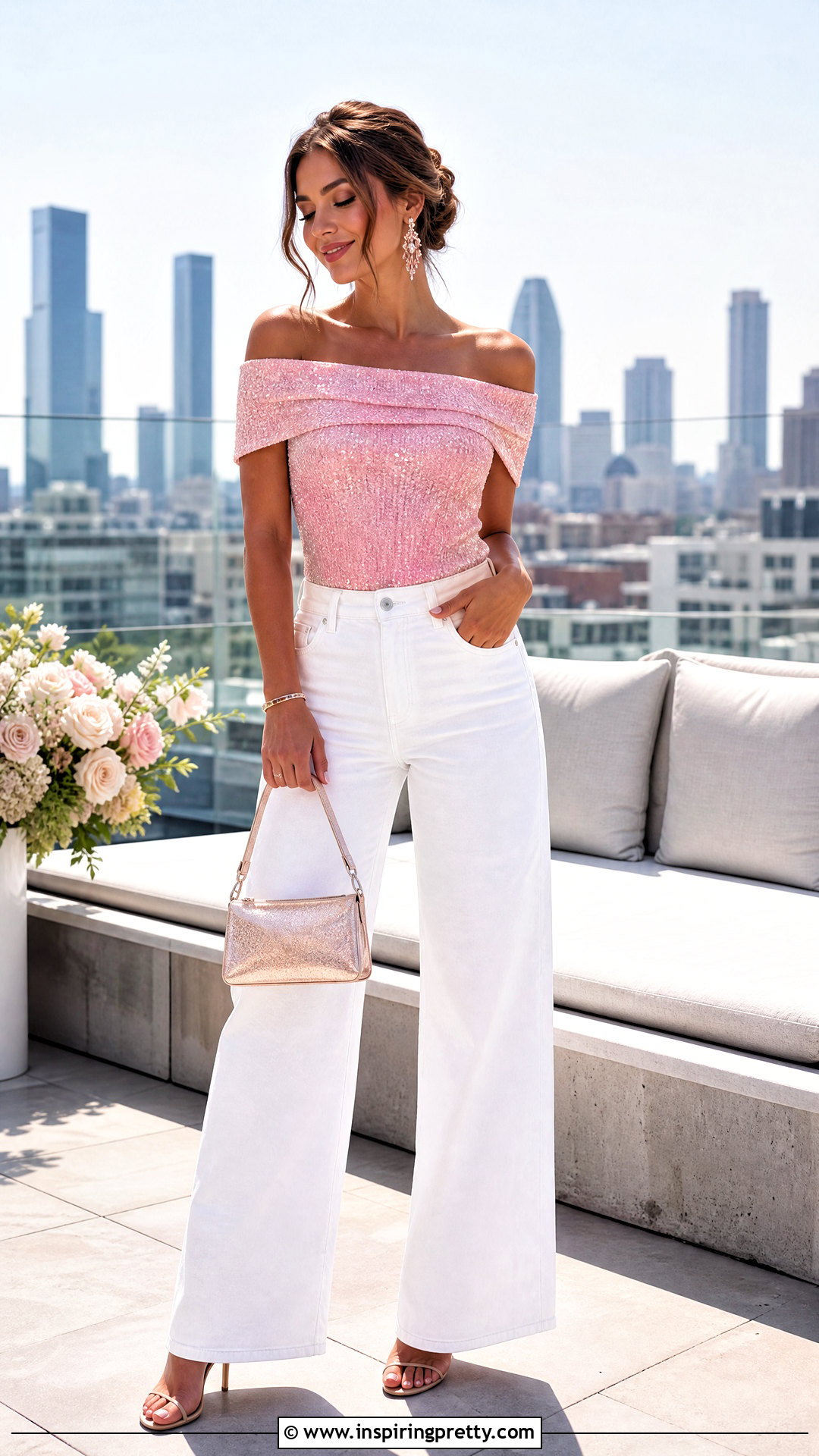 Pink Off The Shoulder Sparkly Top With White Jeans - 25 off the shoulder sparkly top outfit ideas