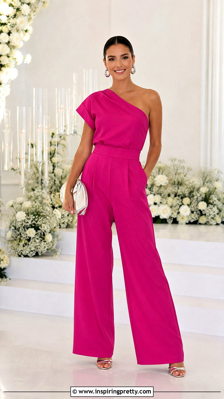Pink One Shoulder Top With Matching Pants - 20 pink fashion statement top outfit ideas