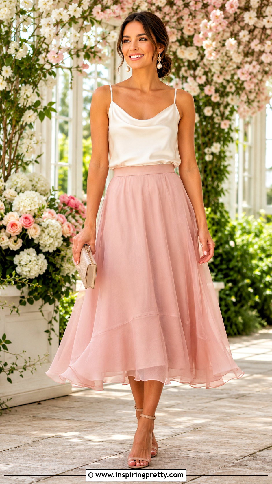 Pink Organza Skirt With Satin Camisole - 20 organza skirt and top outfit ideas