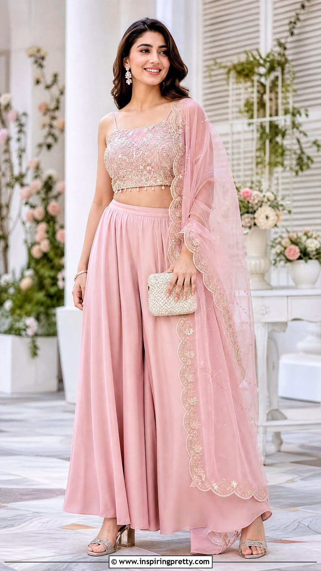Pink Palazzo With Embroidered Crop Top And Dupatta - 20 plazzo with crop top and dupatta outfit ideas