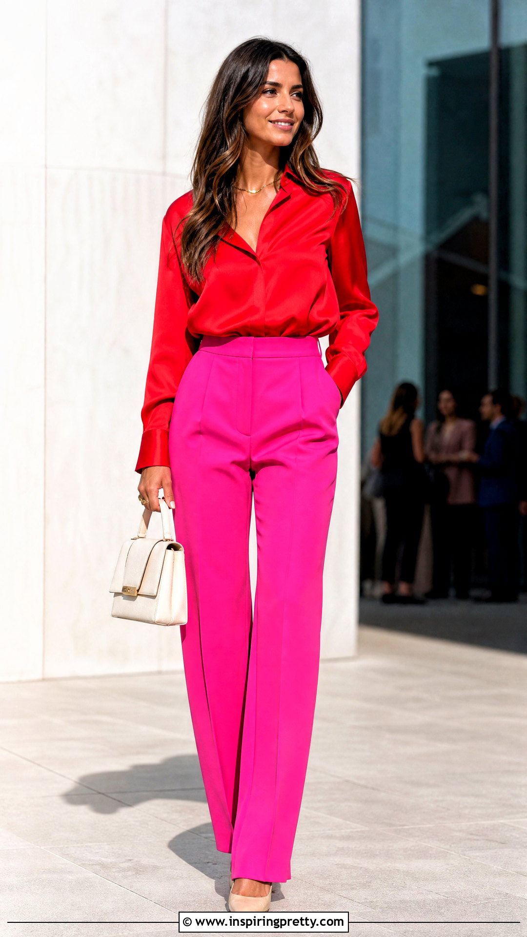 Pink Pants With Red Blouse And Neutral Heels - What Top To Wear With Pink Pants (20 Ways)