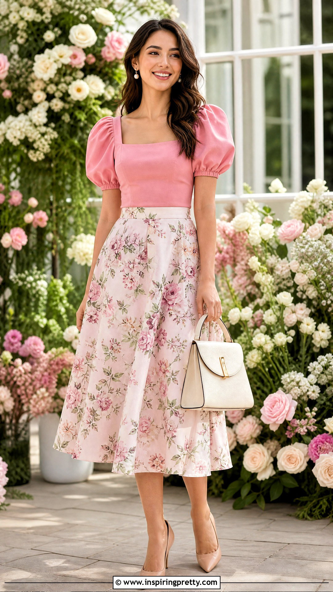 Pink Puff Sleeve Blouse With Floral A Line Skirt - 20 floral skirt and pink top set outfit ideas