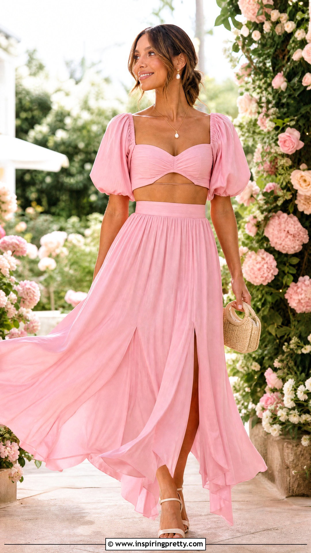 Pink Puff Sleeve Crop Top And Maxi Skirt Set - 20 Pink Crop Top And Skirt Set outfits