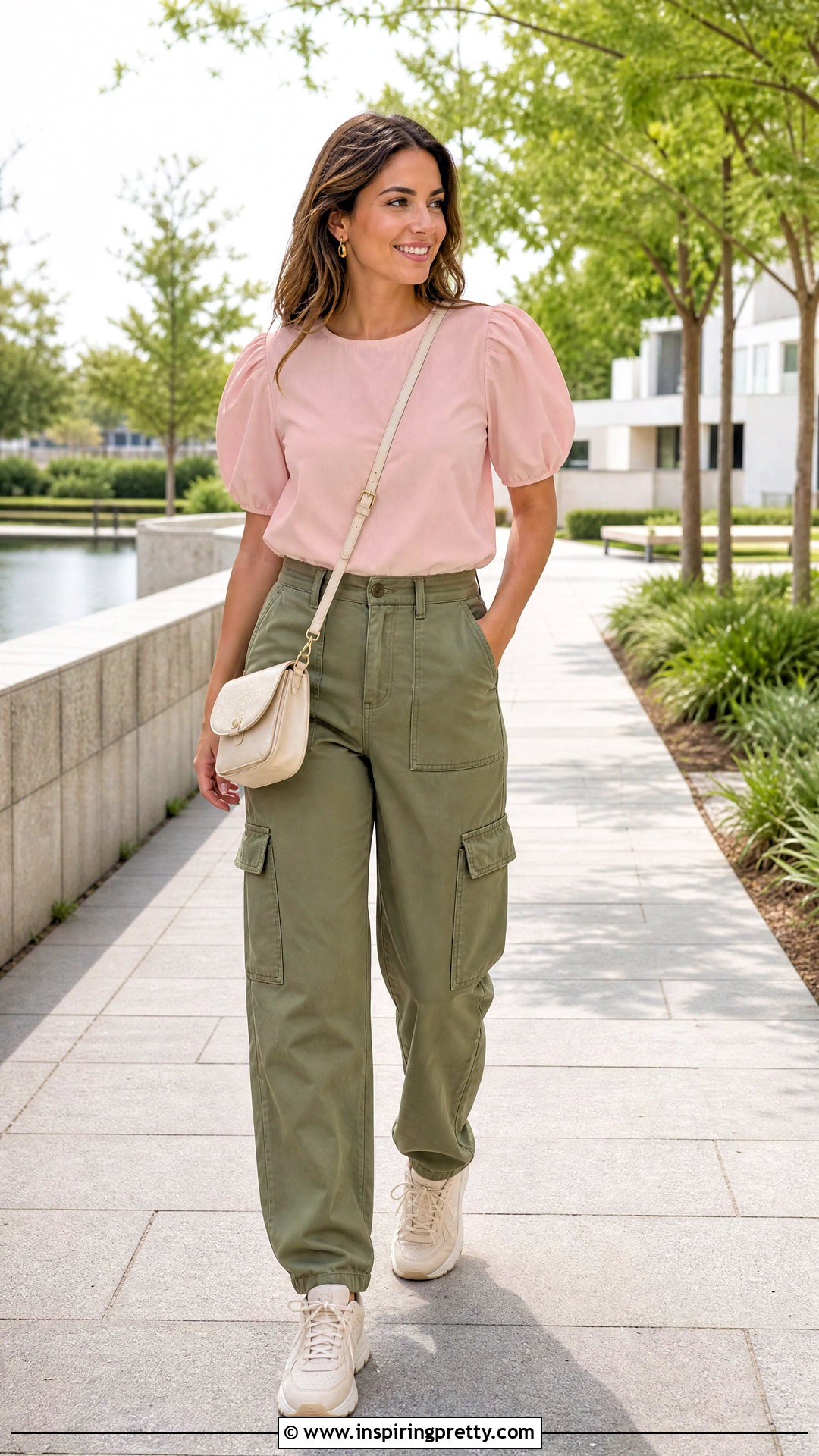 Pink Puff Sleeve Top With Olive Cargo Pants - 20 Spring Fashion Pink Top outfit ideas