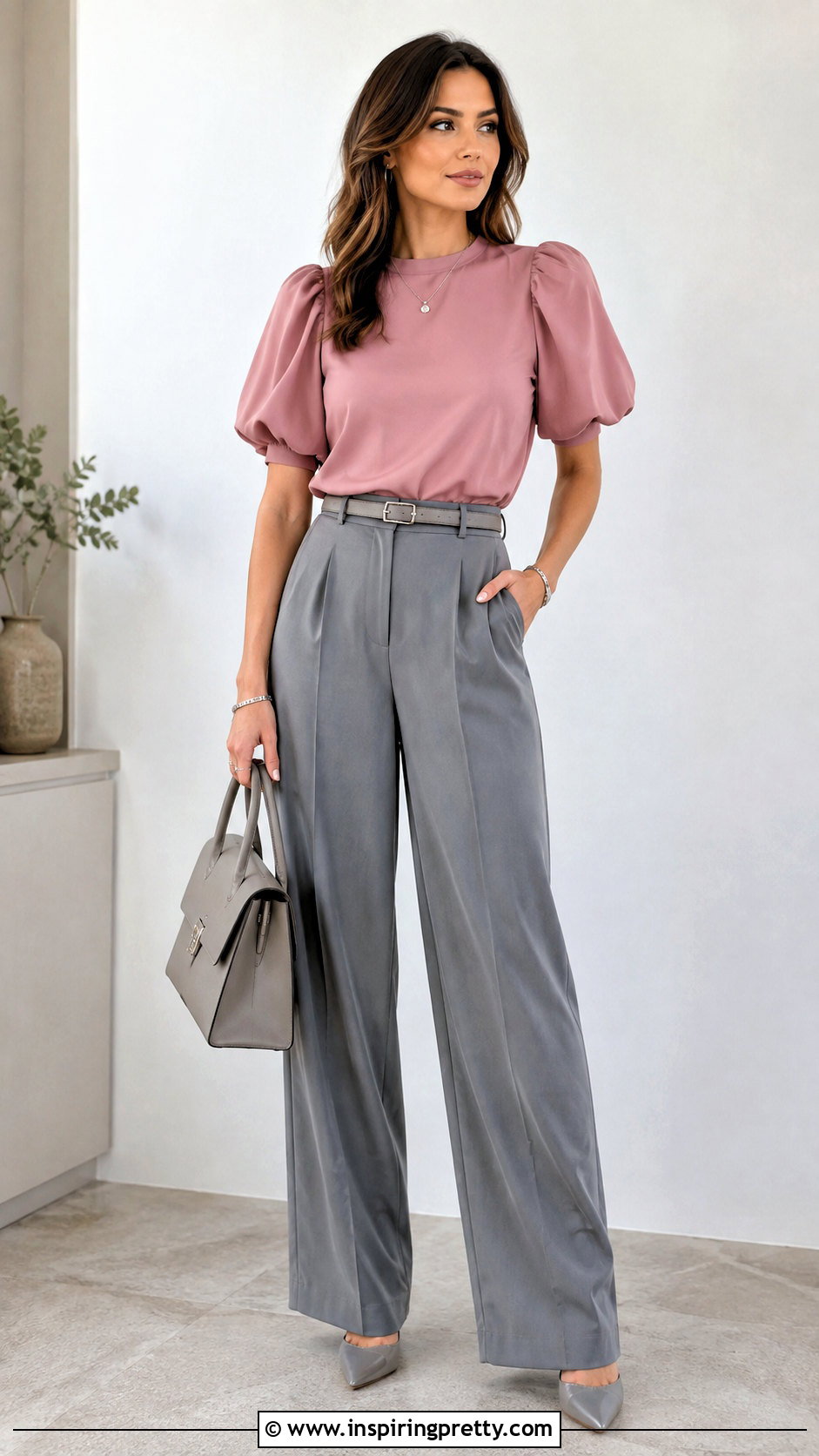 Pink Puffy Sleeve Top With Gray Trousers - 50 puffy sleeve top outfit ideas