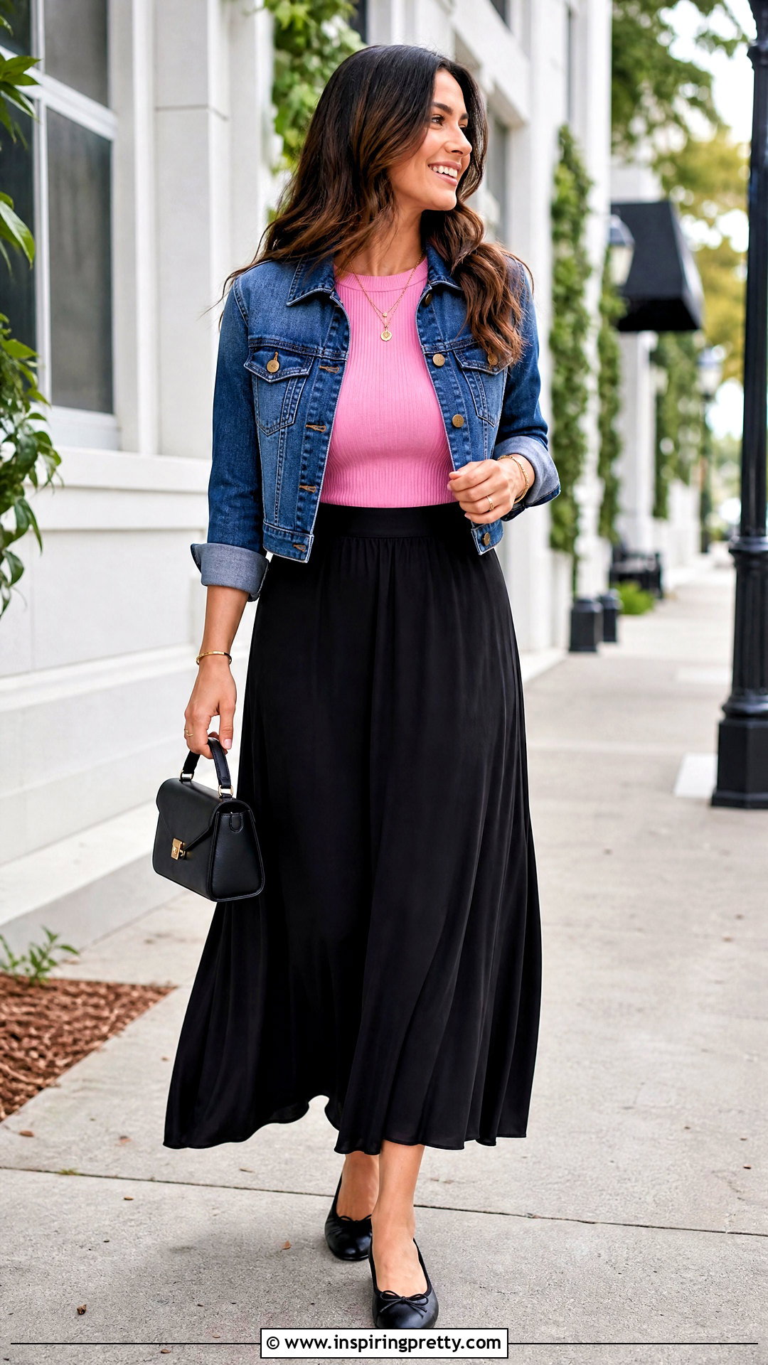 Pink Ribbed Top With Black Maxi Skirt - 50 cute pink tops outfit ideas