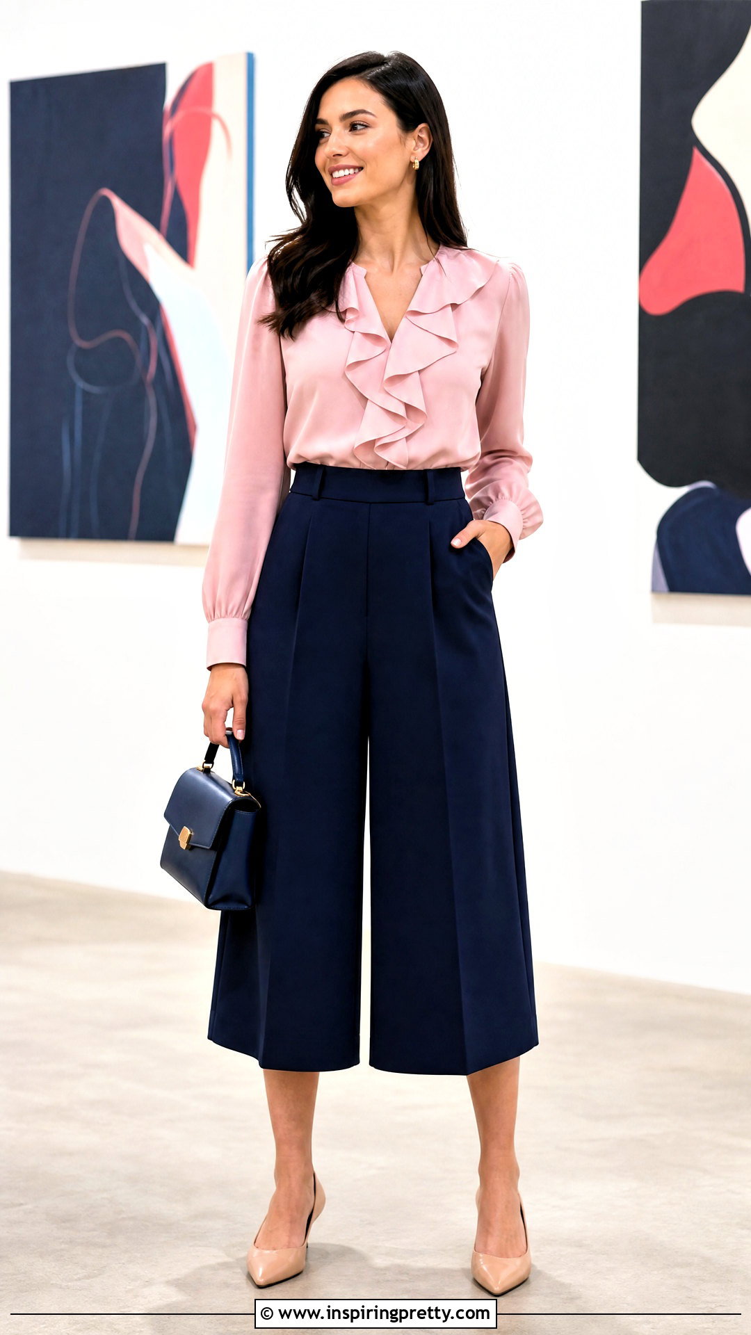 Pink Ruffle Blouse With Navy Blue Culottes - 25 Pink Top Navy Blue Pants