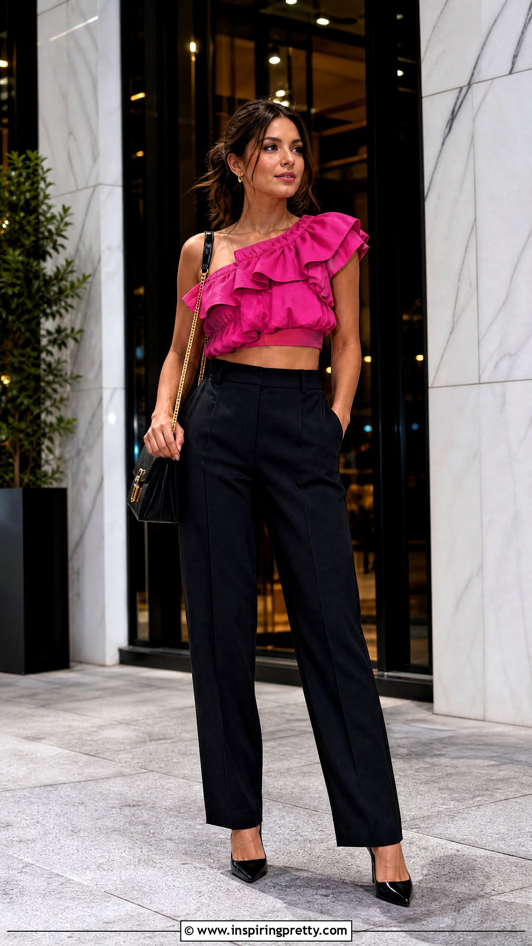 Pink Ruffle Crop Top With Black Trousers - 25 pink ruffle crop top outfit ideas