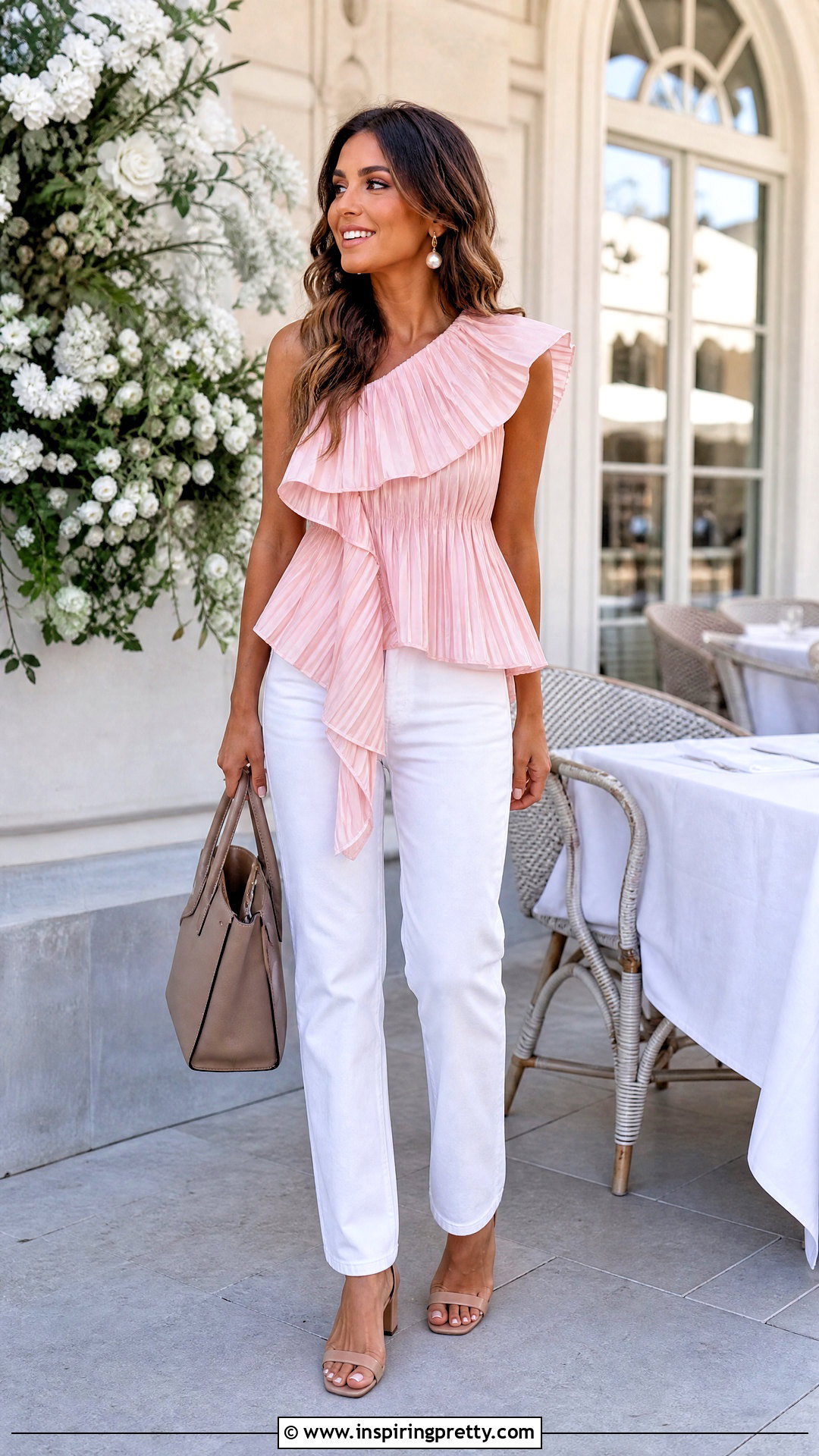 Pink Ruffled Pleated Asymmetric Top With White Jeans - 20 ruffled pleated asymmetric top outfit ideas