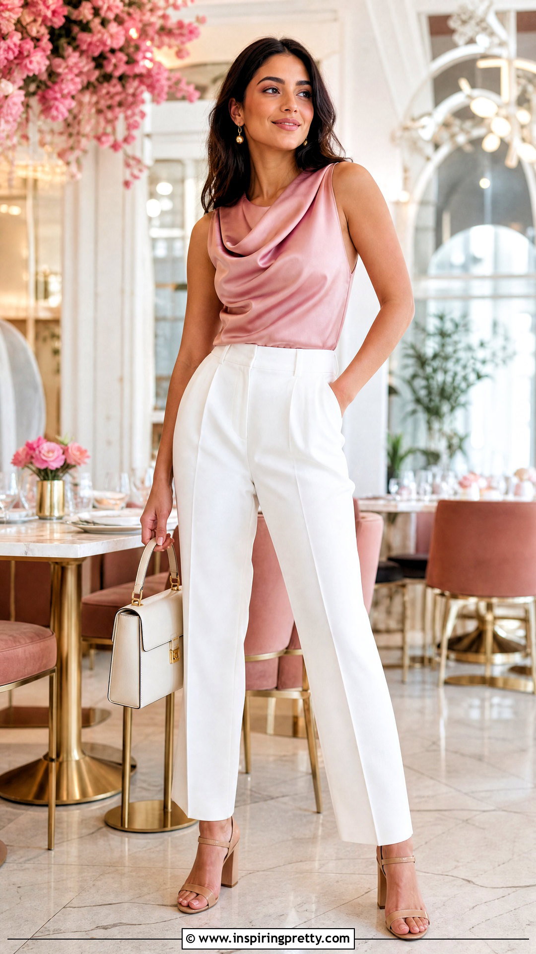Pink Satin Birthday Top With White Pants - 50 birthday tops for women
