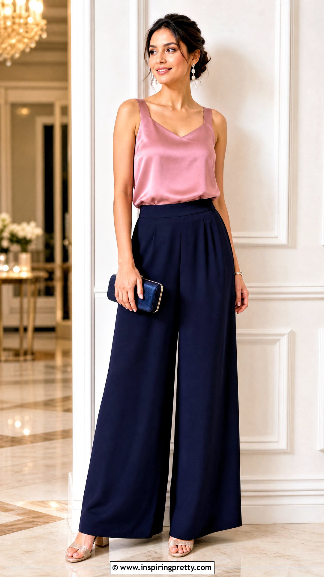 Pink Satin Camisole With Navy Blue Palazzo Pants - 25 Pink Top Navy Blue Pants