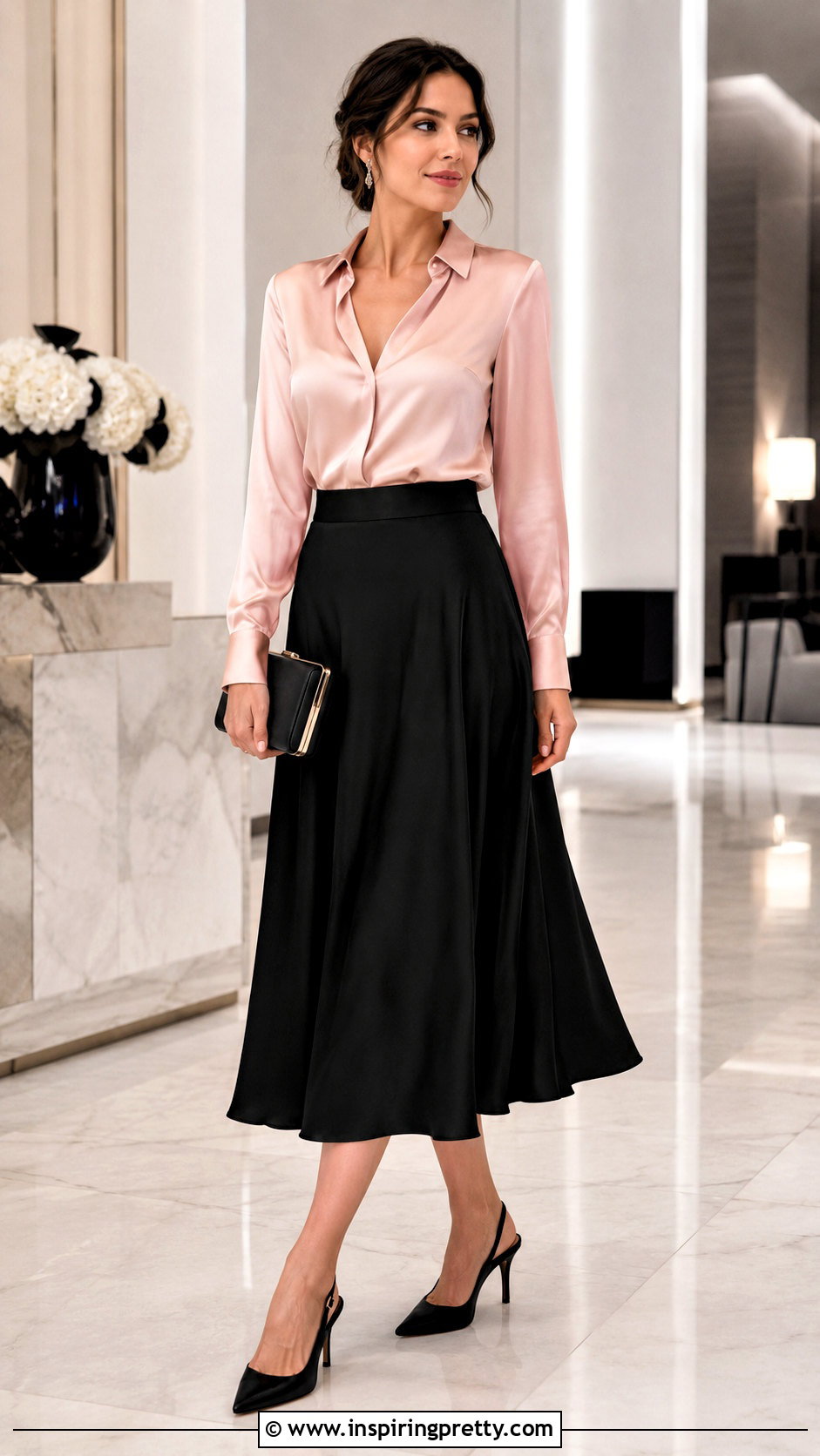 Pink Satin Top With Black Skirt - 50 pink tops outfit ideas
