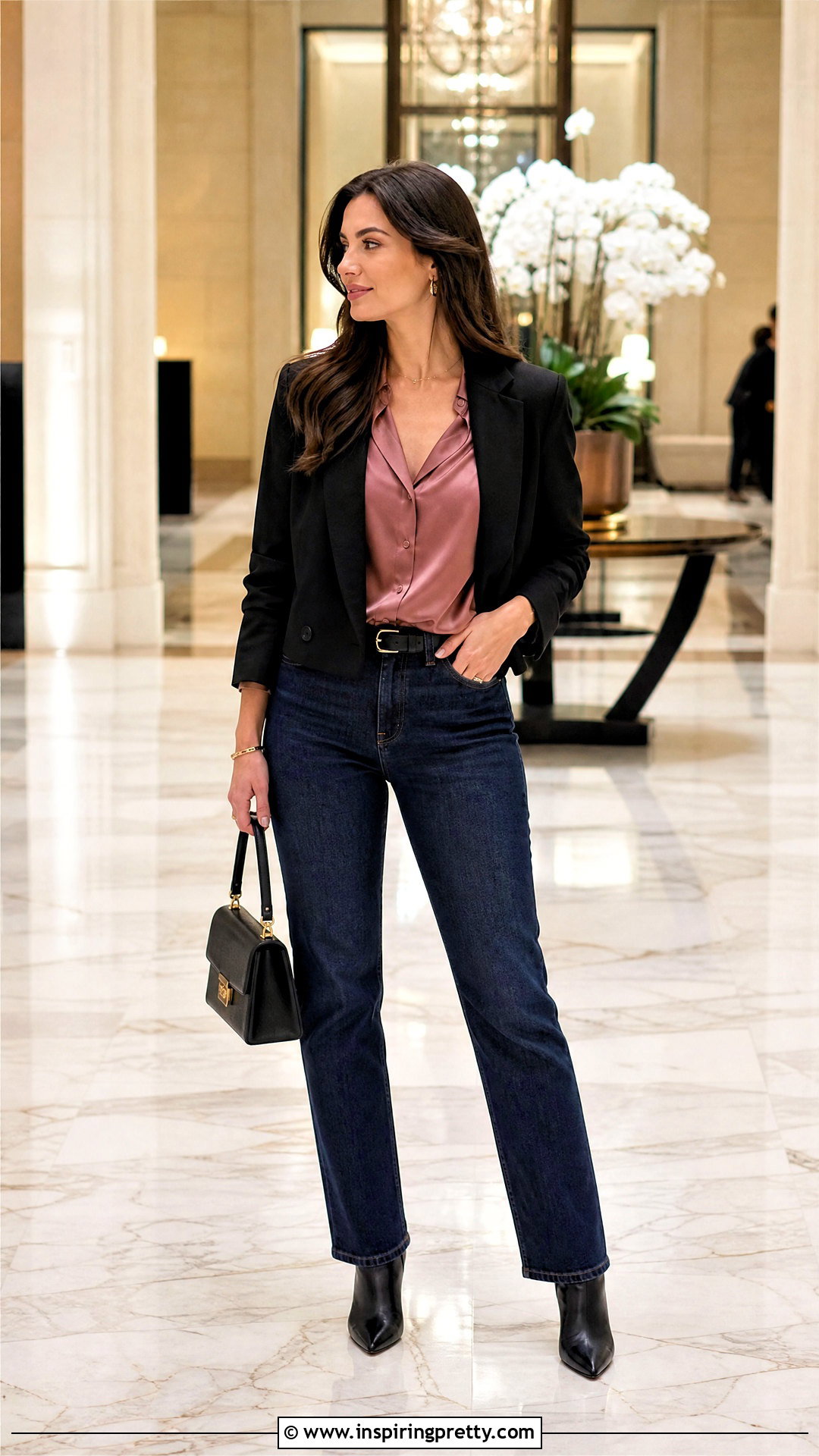 Pink Satin Top With Dark Wash Jeans - 20 fall fashion pink top outfit ideas