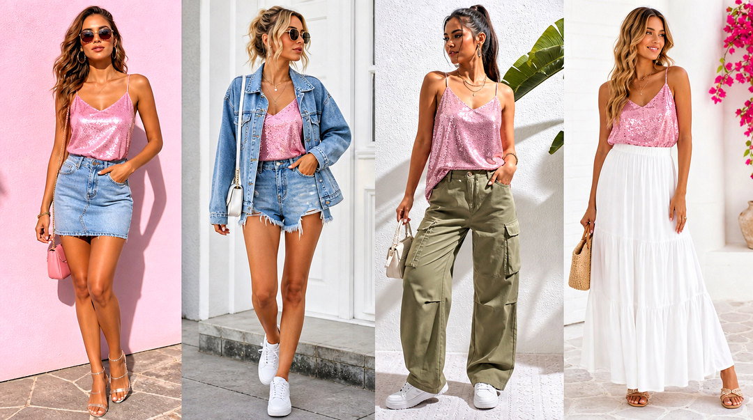 25 Pink Sequin Cami Top Outfit Ideas for Glam Party Looks