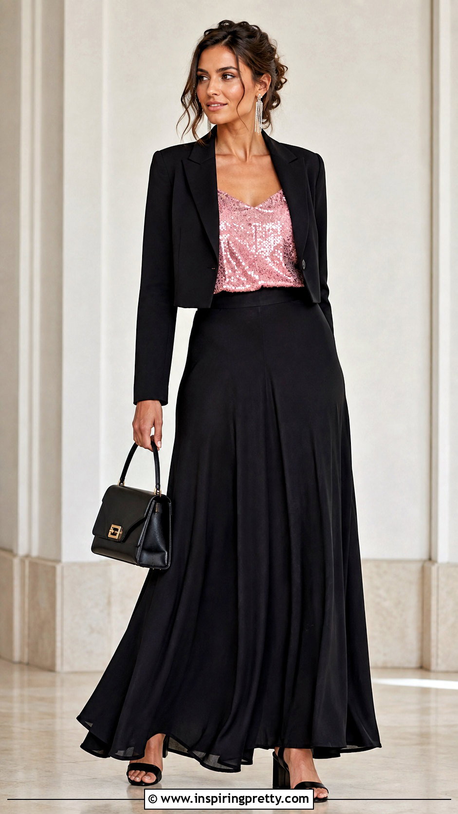 Pink Sequin Cami Top With Black Maxi Skirt - 25 pink sequin cami top outfit ideas