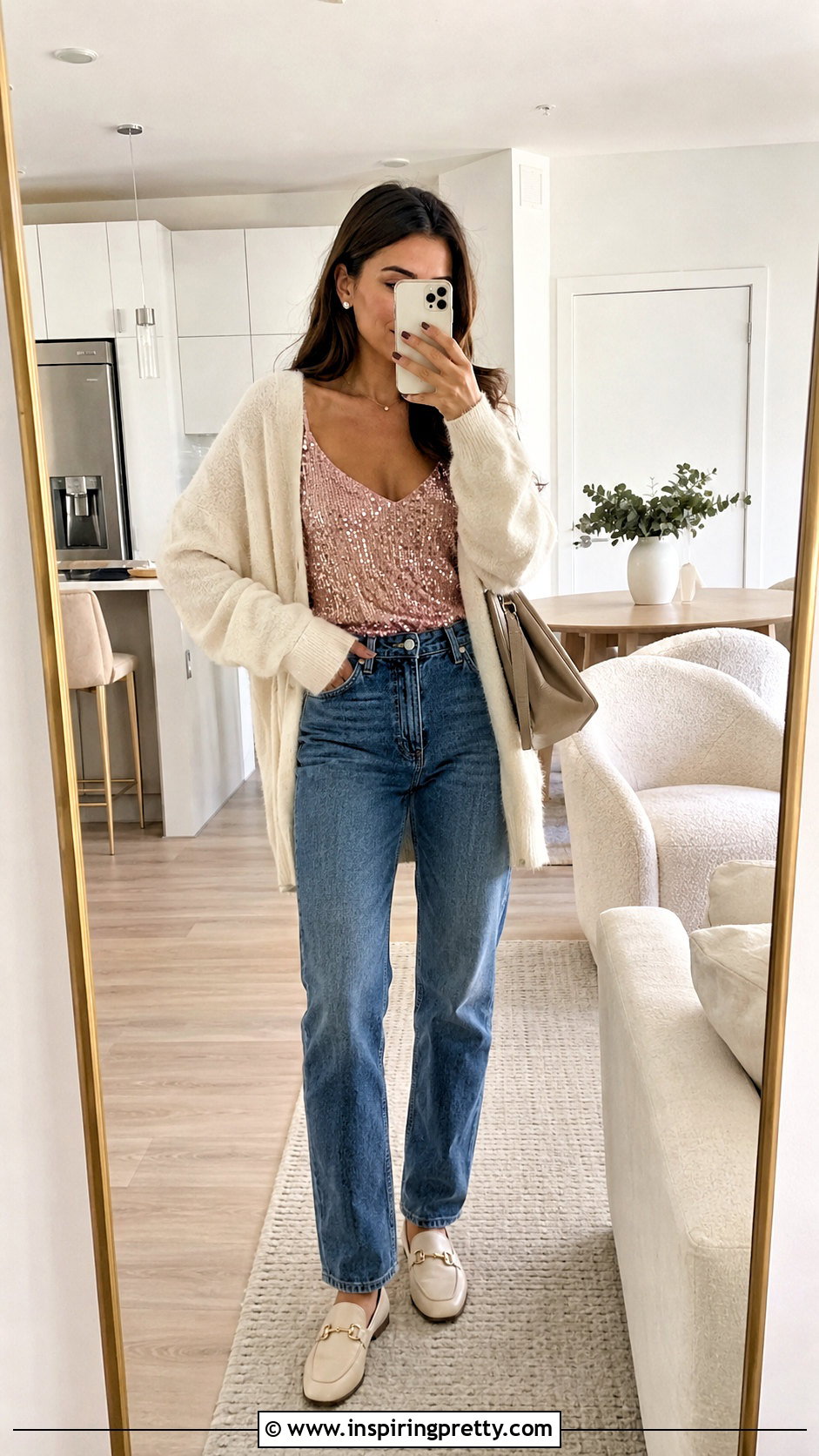 Pink Sequin Cami Top With Cardigan And Jeans - 25 pink sequin cami top outfit ideas