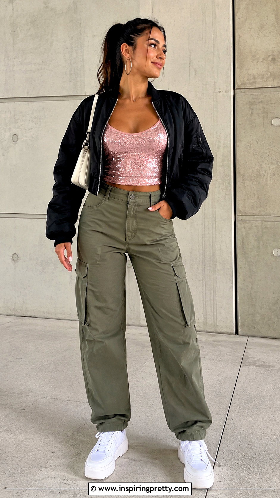 Pink Sequin Cami Top With Cargo Pants - 25 pink sequin cami top outfit ideas