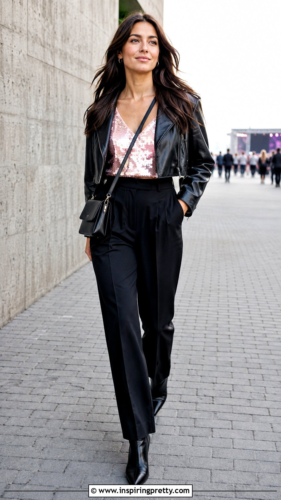 Pink Sequin Cami Top With Leather Jacket And Trousers - 25 pink sequin cami top outfit ideas