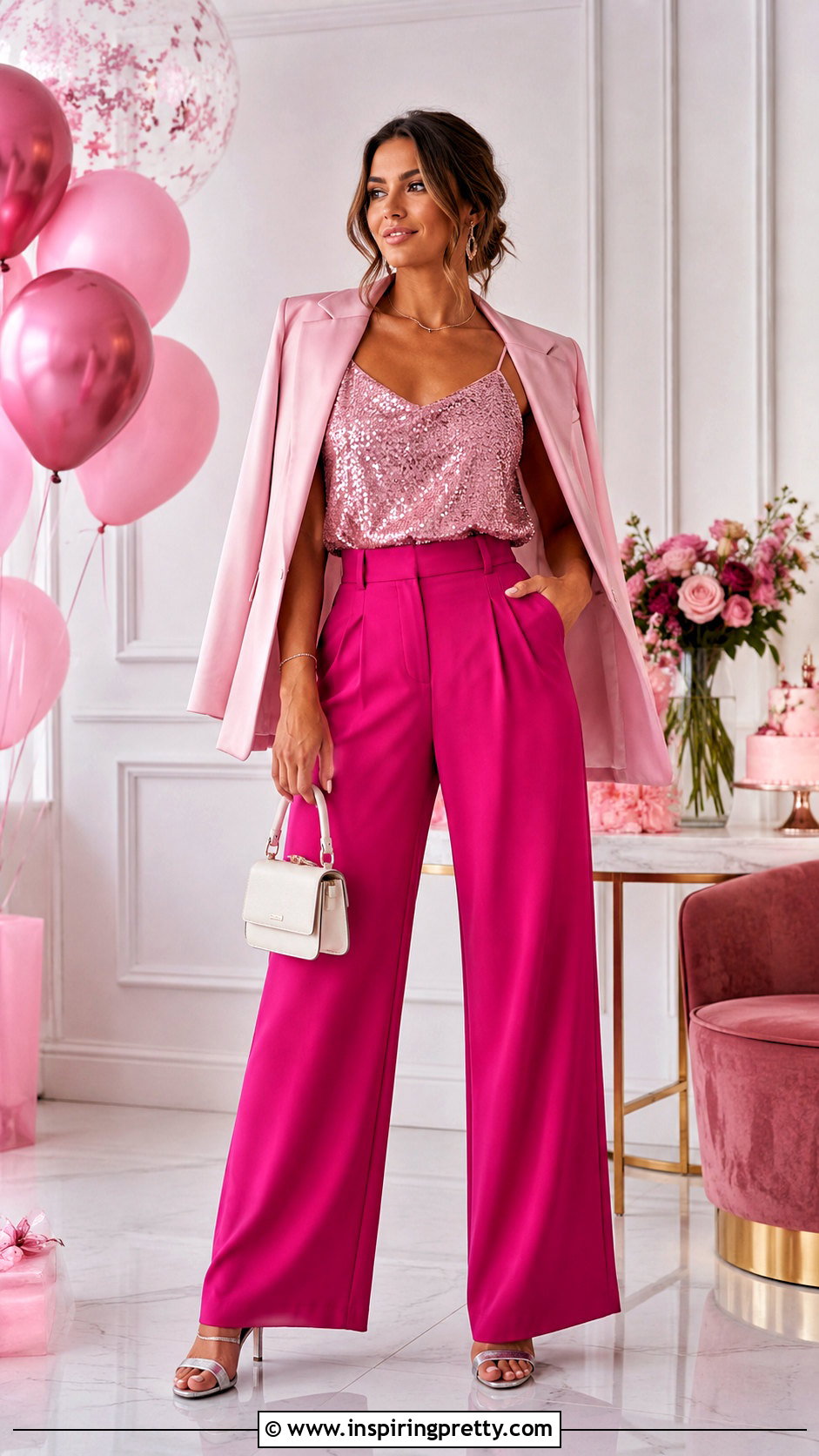 Pink Sequin Cami Top With Pink Trousers - 25 pink sequin cami top outfit ideas