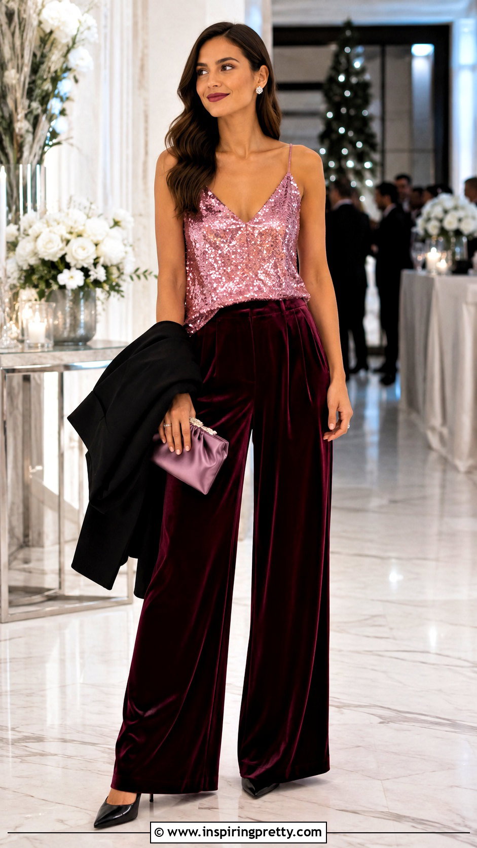 Pink Sequin Cami Top With Velvet Trousers - 25 pink sequin cami top outfit ideas