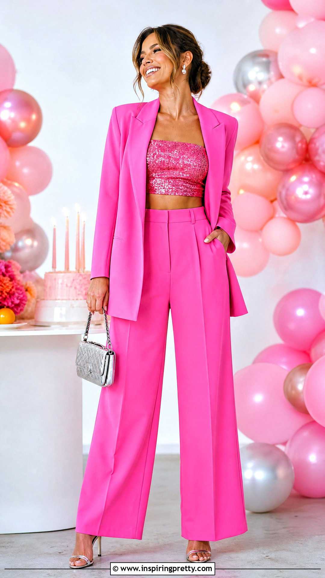 Pink Sequin Crop Top With Matching Trousers - 20 Sequin Crop Top Fashion ideas