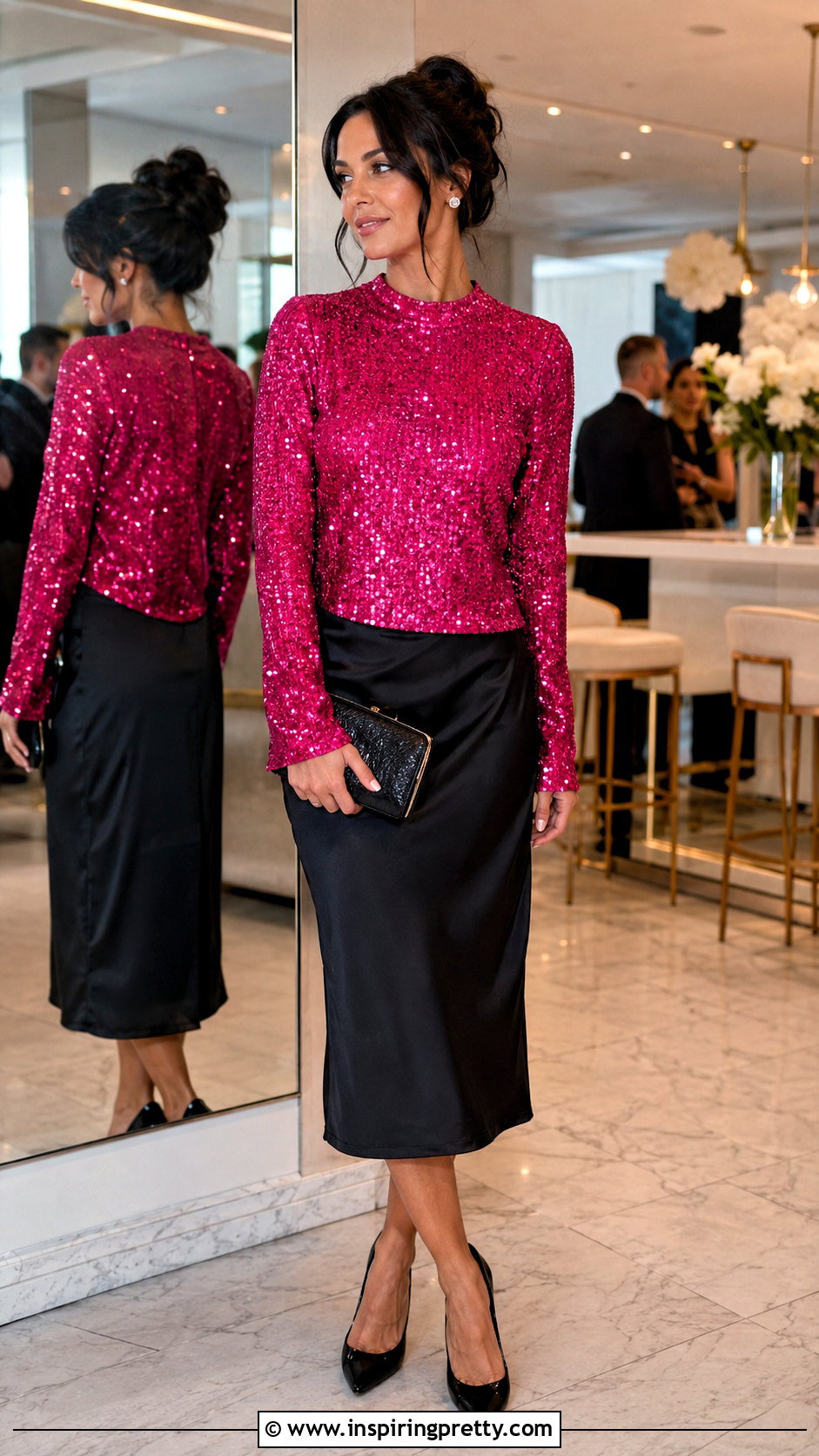 Pink Sequin Top With Black Midi Skirt - 20 pink fashion statement top outfit ideas