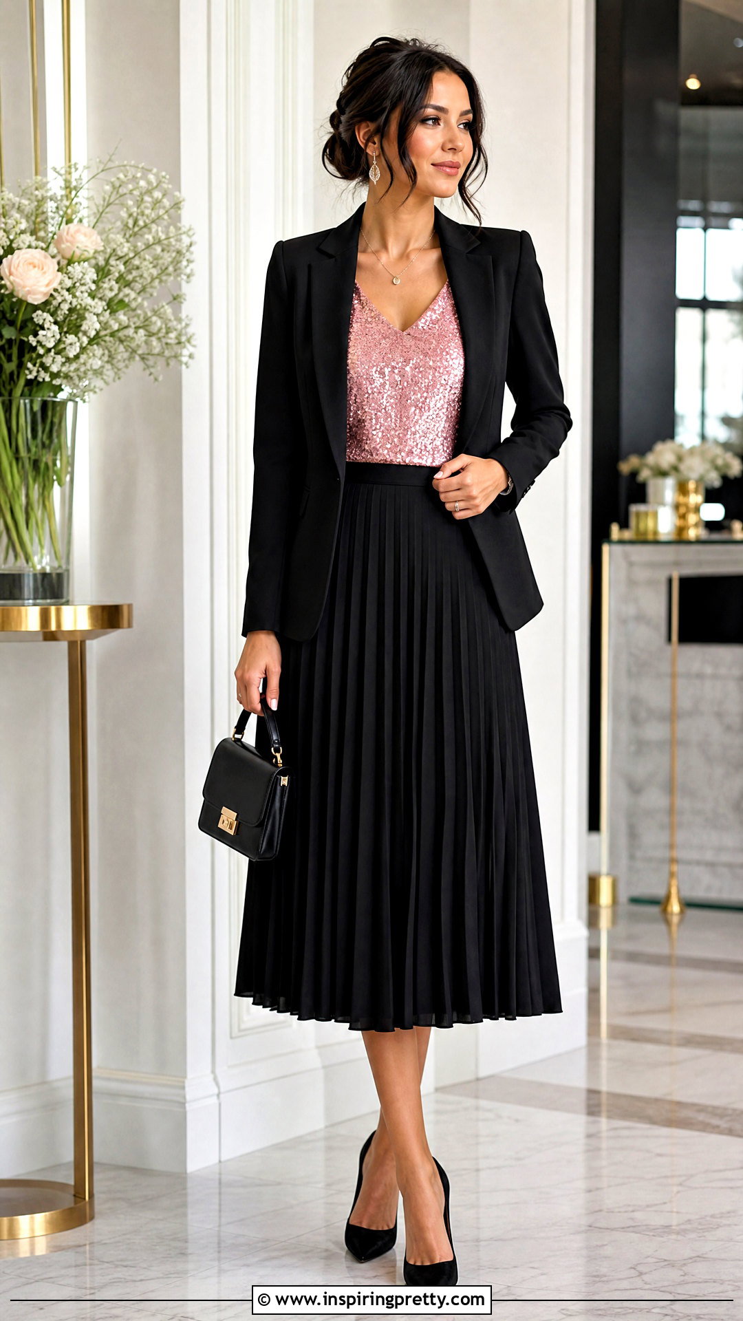 Pink Sequin Top With Pleated Midi Skirt - 25 pink sequin top outfit ideas