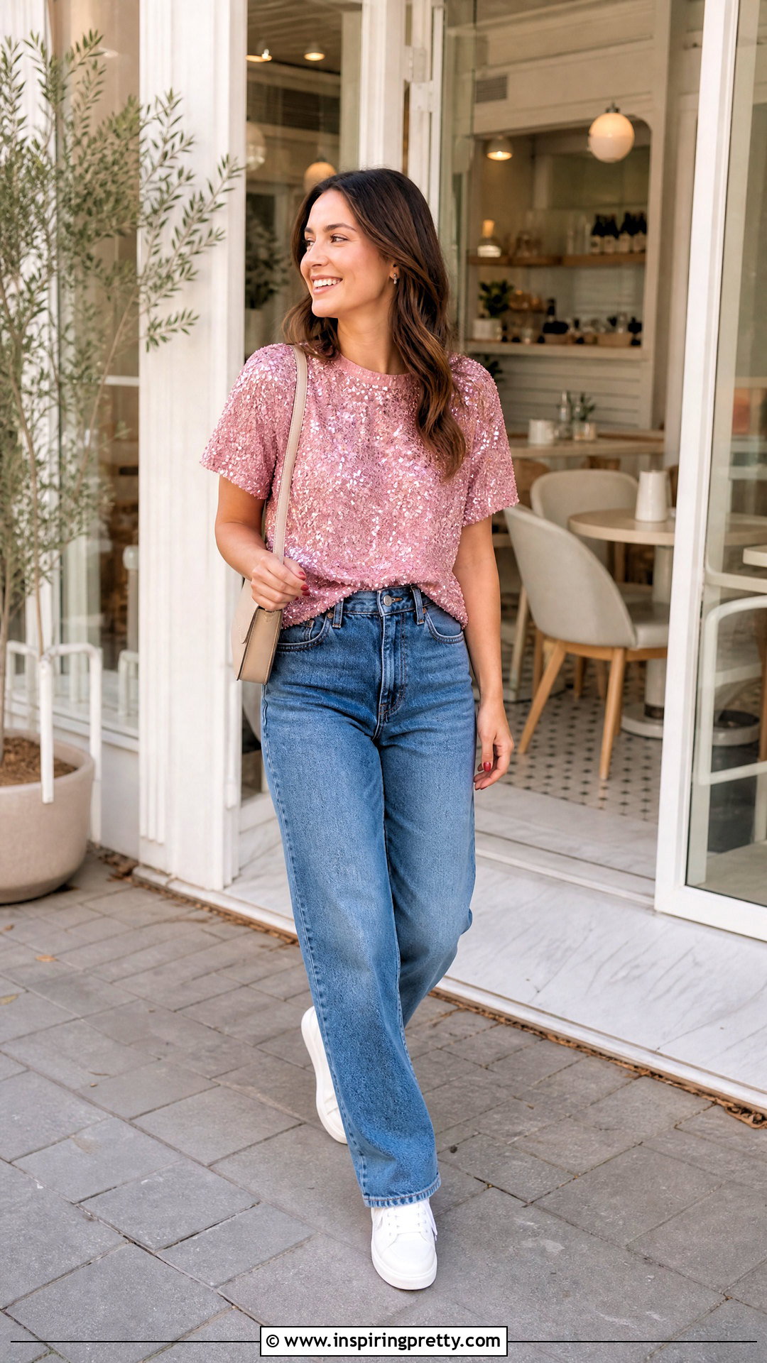 Pink Sequin Top With Straight Leg Jeans - 25 pink sequin top outfit ideas