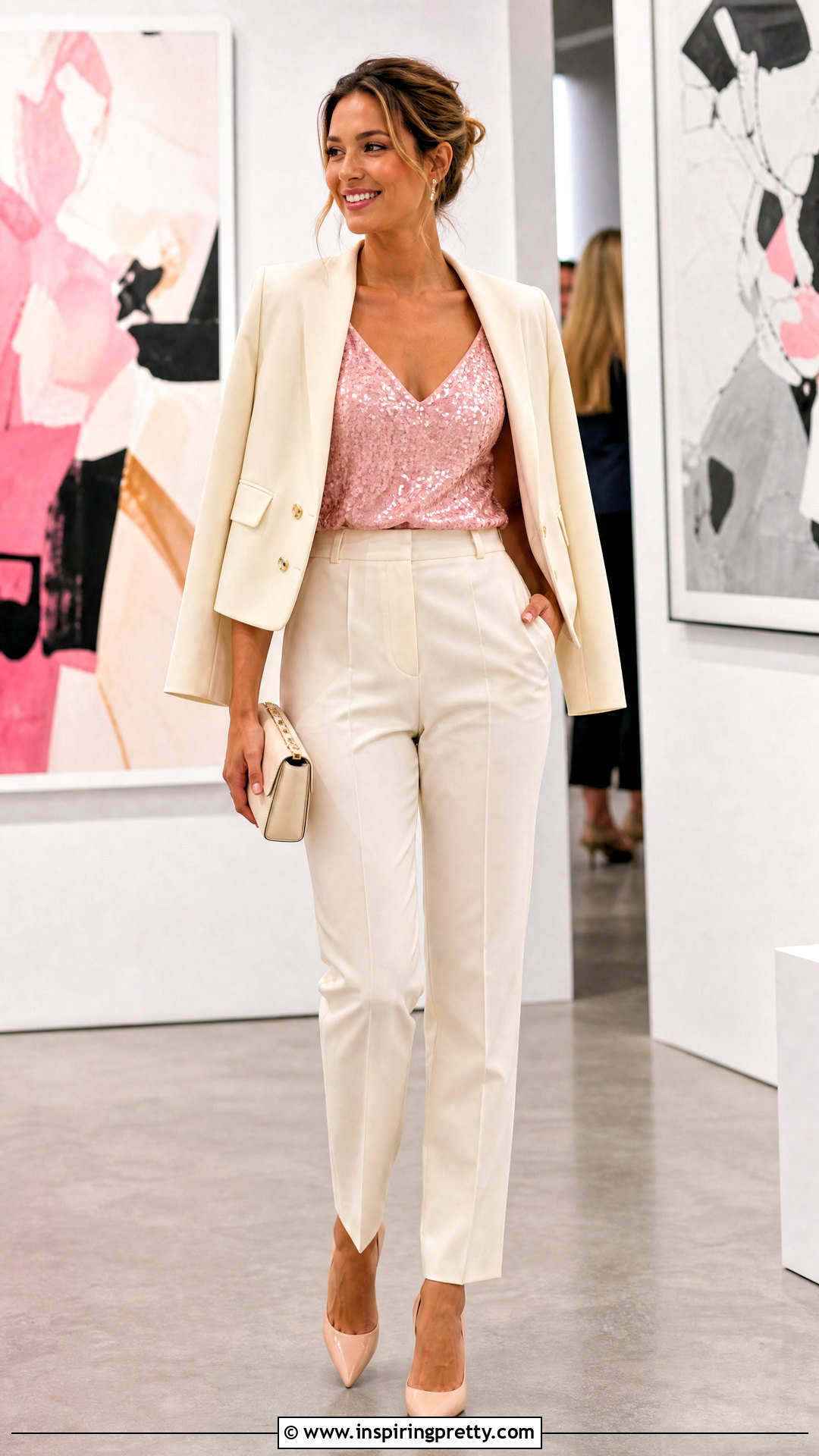 Pink Sequin Top With Tailored Pants - 20 festive sequin top inspirations