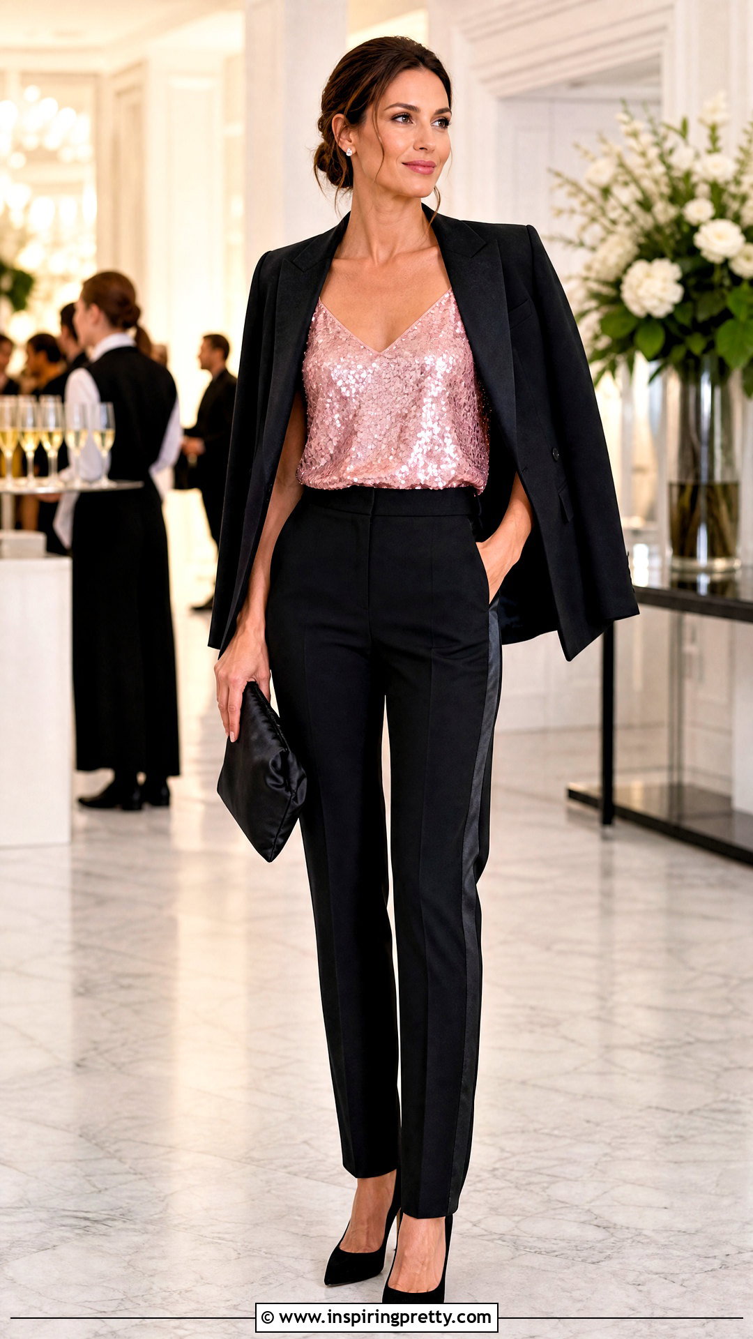 Pink Sequin Top With Tuxedo Pants And Pumps - 25 pink sequin top outfit ideas