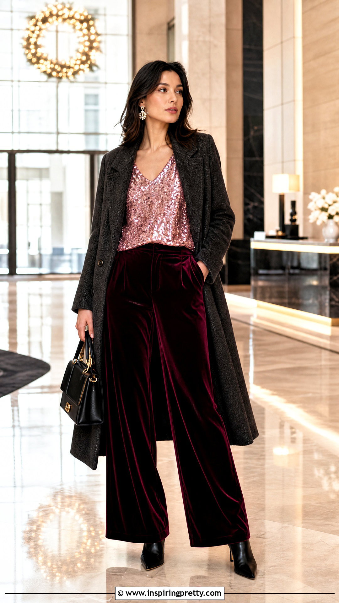 Pink Sequin Top With Velvet Pants And Long Coat - 25 pink sequin top outfit ideas