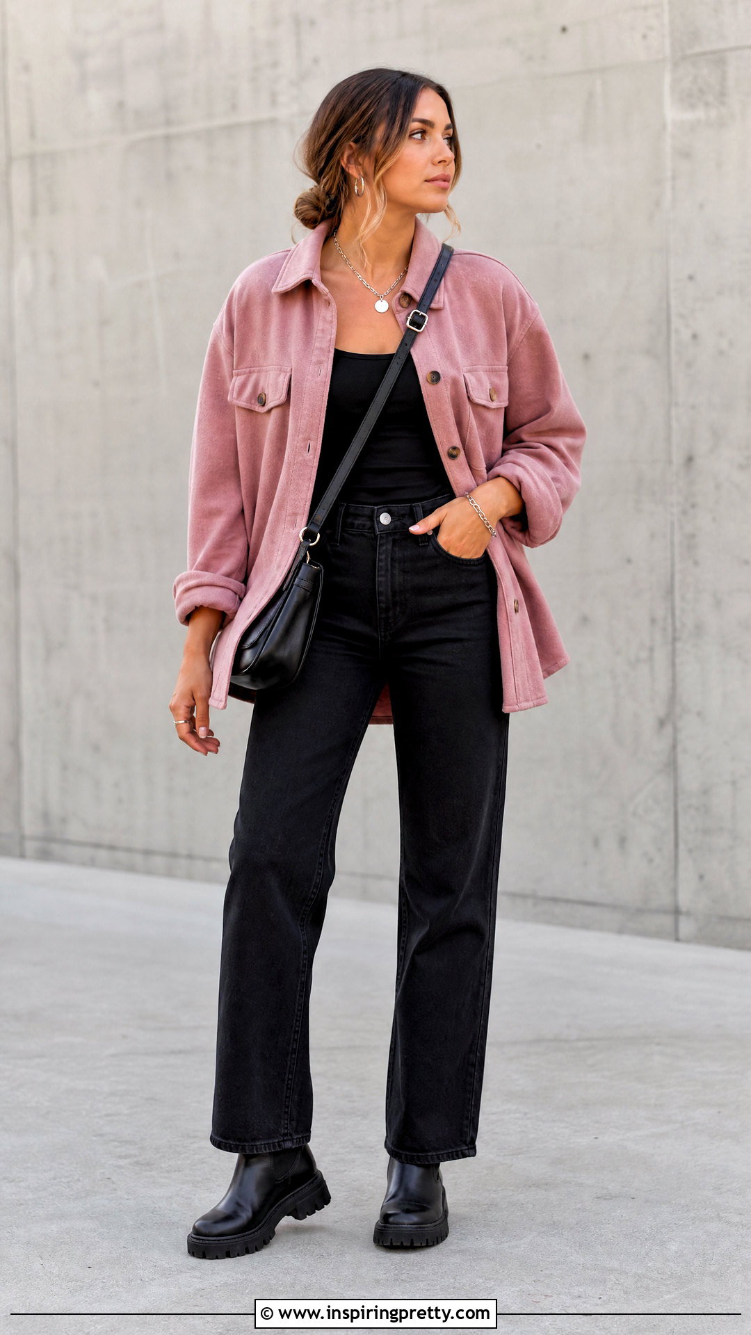 Pink Shacket With Black Tank And Jeans - 50 pink top outfits