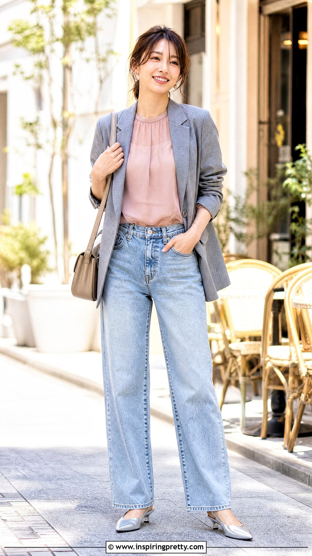 Pink Sheer Blouse With Gray Blazer And Light Wash Jeans - 25 Sheer Top With Blazer outfit ideas