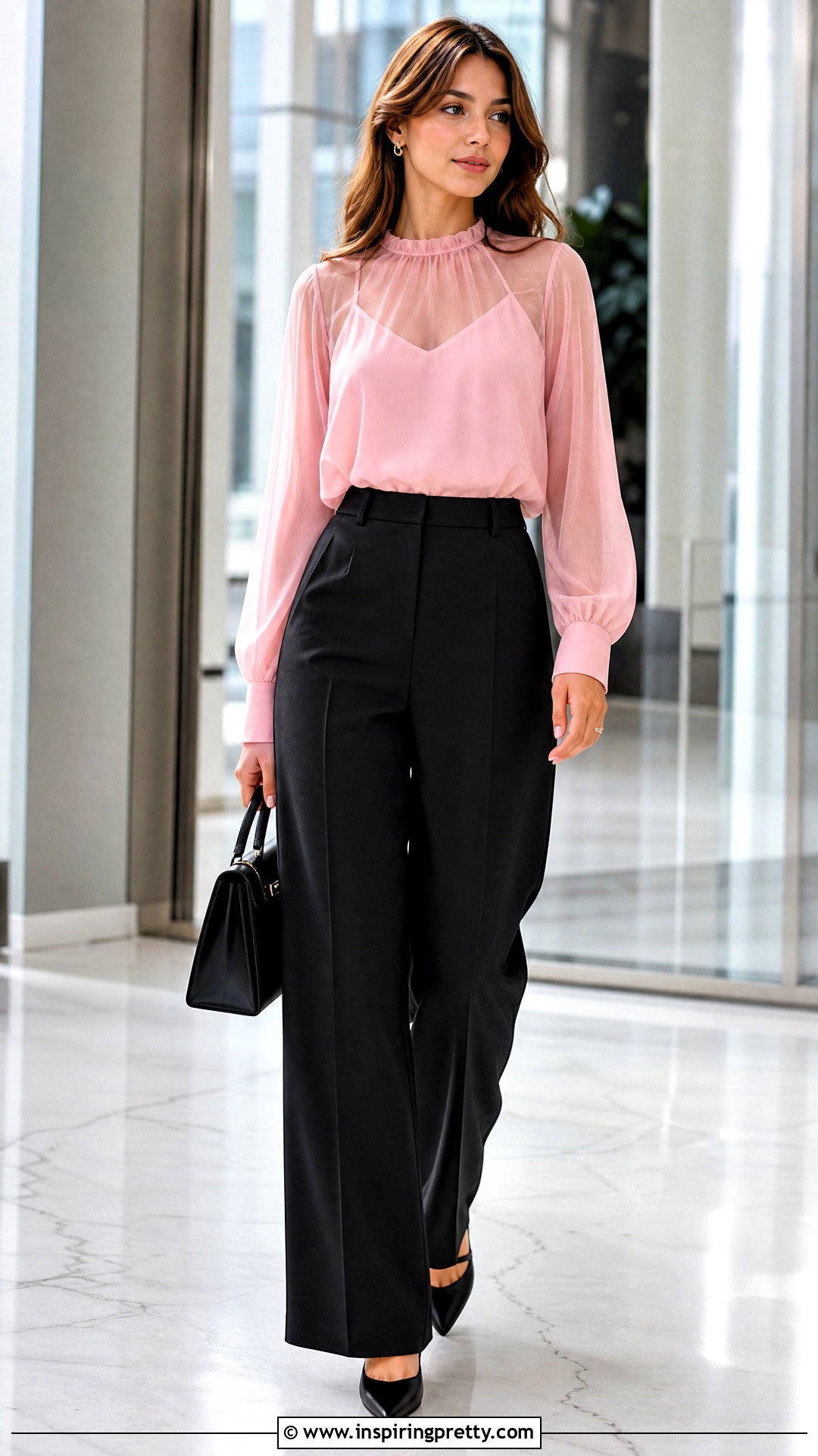 Pink Sheer Top With Black Trousers - 20 Pink Sheer Fashion Top outfit ideas