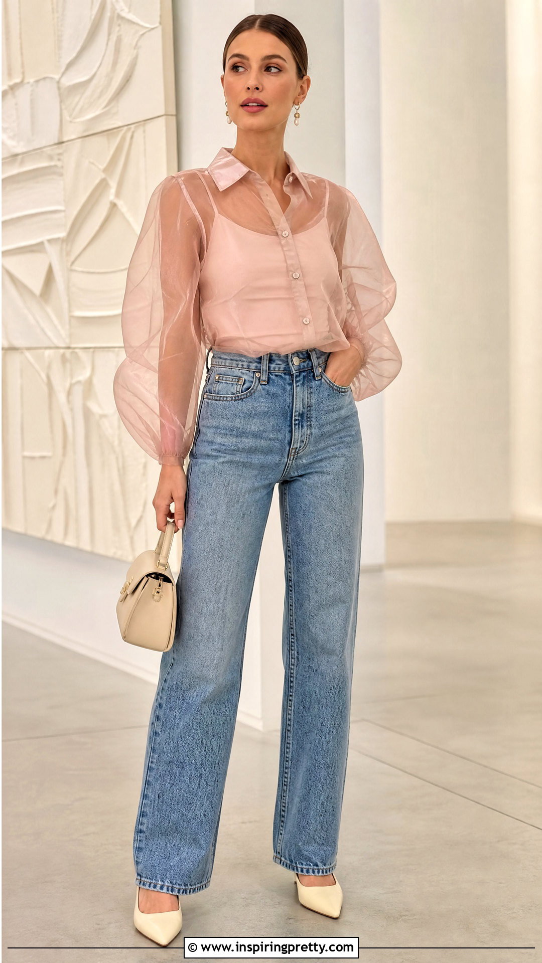 Pink Sheer Top With Camisole And Jeans - 20 Spring Fashion Pink Top outfit ideas