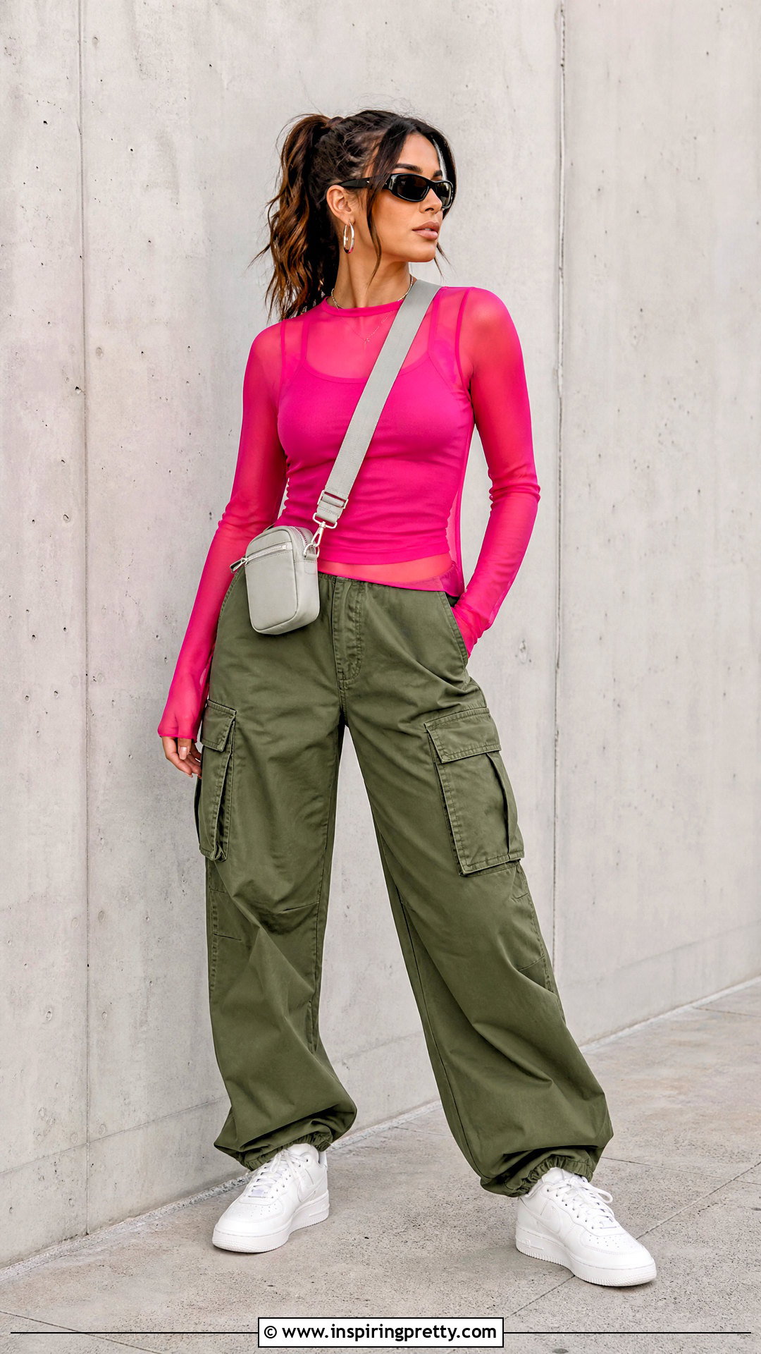 Pink Sheer Top With Cargo Pants - 20 Pink Sheer Fashion Top outfit ideas