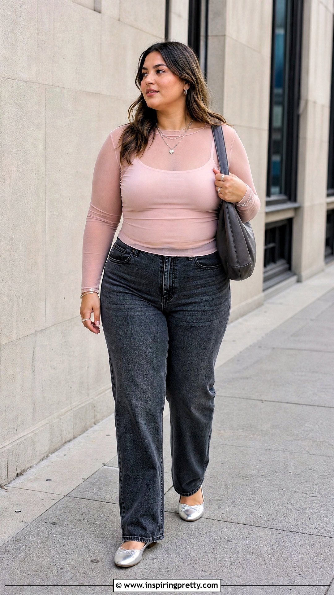 Pink Sheer Top With Gray Jeans - 20 Pink Sheer Fashion Top outfit ideas