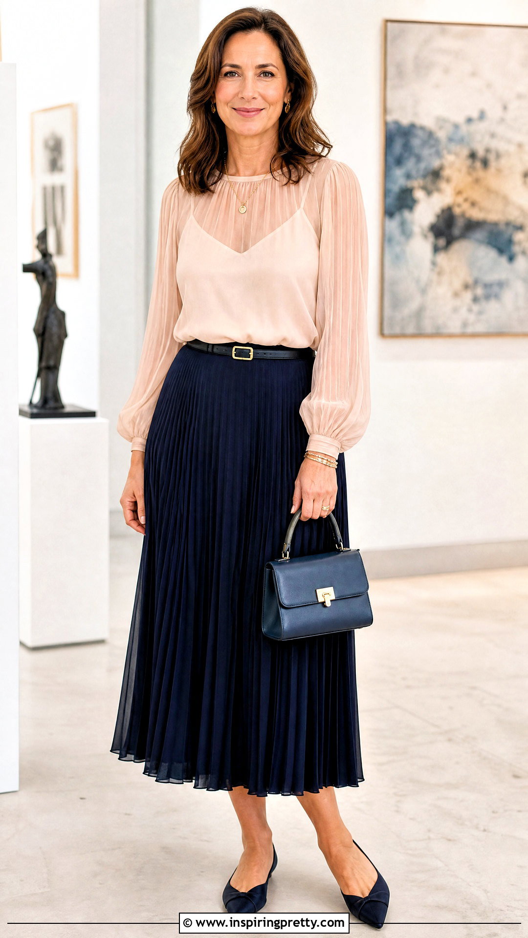 Pink Sheer Top With Pleated Midi Skirt - 20 Pink Sheer Fashion Top outfit ideas