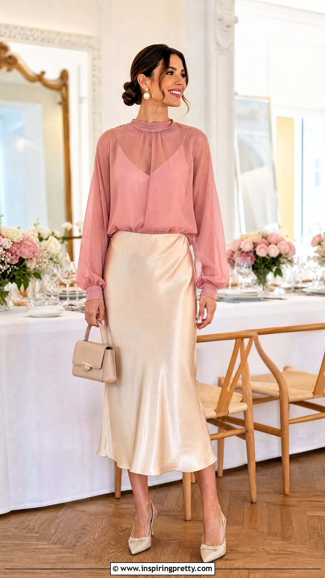 Pink Sheer Top With Satin Midi Skirt - 20 Pink Sheer Fashion Top outfit ideas