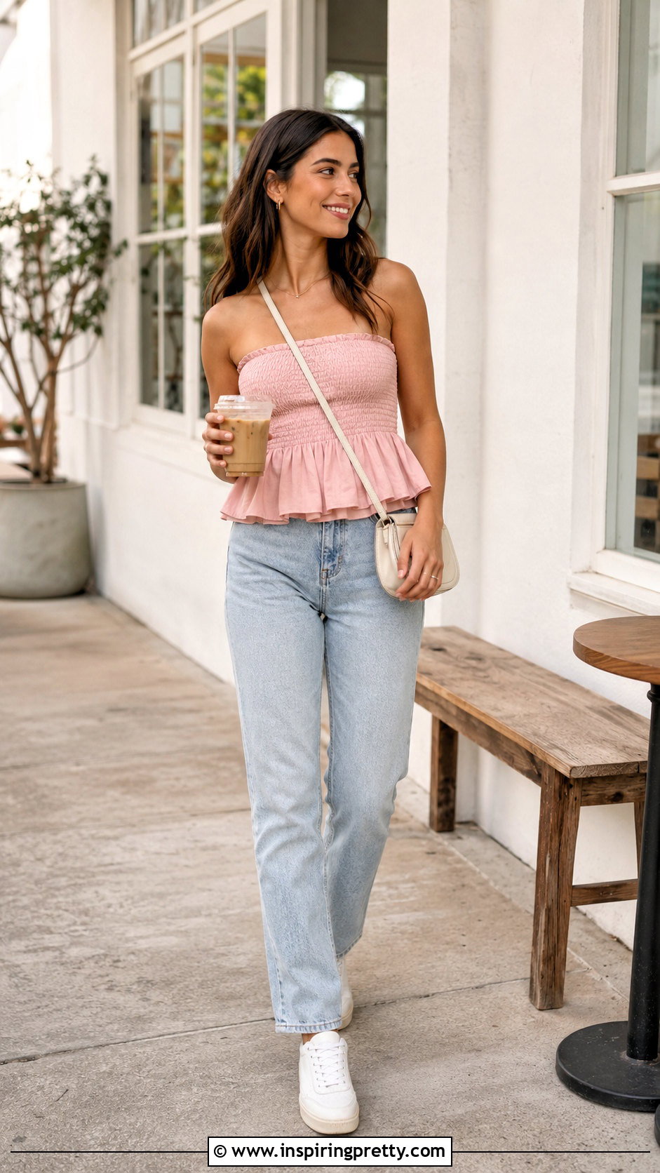 Pink Shoulderless Top With Light Wash Jeans - 50 shoulderless top outfit ideas