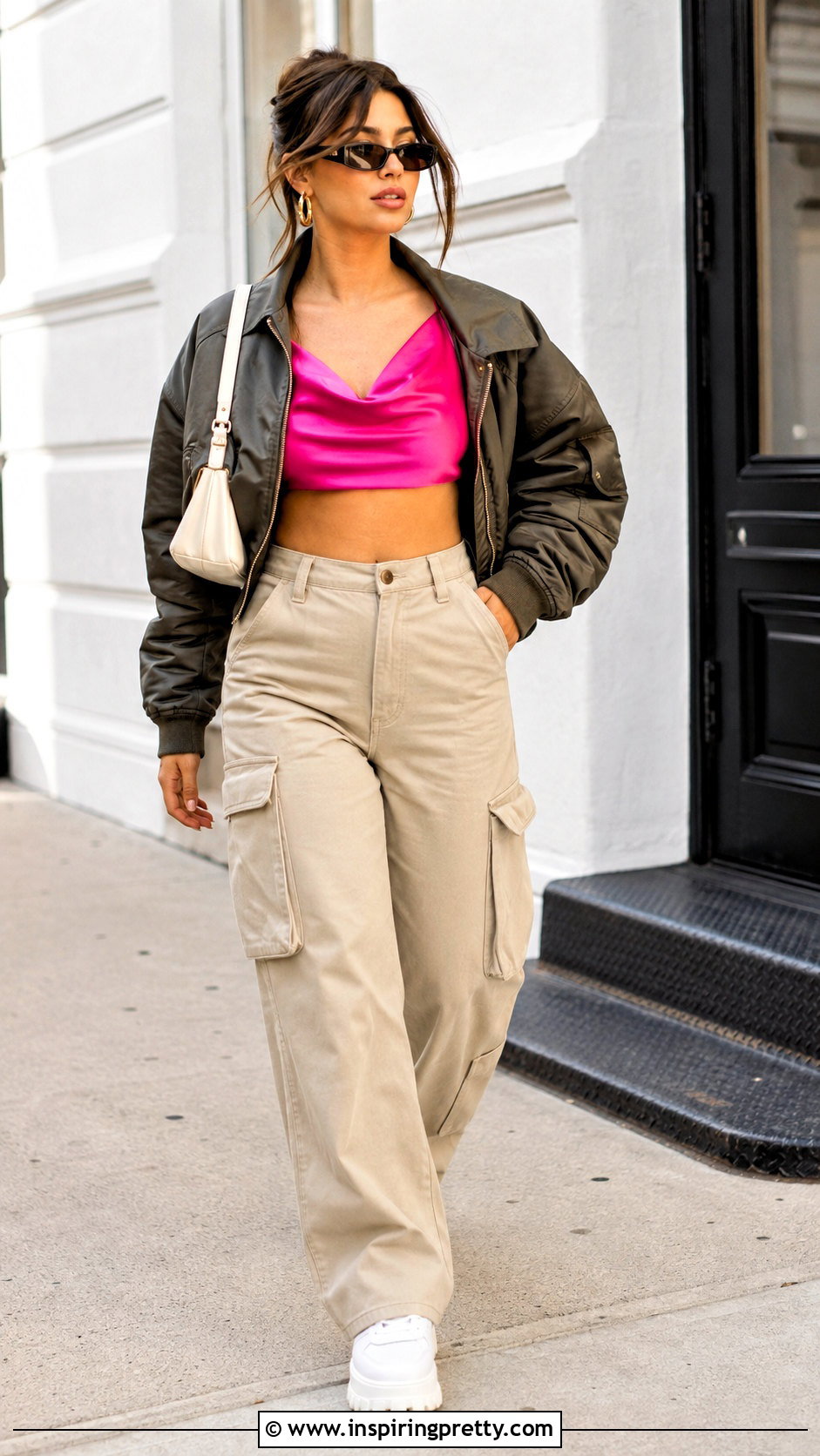 Pink Silk Crop Top With Beige Cargo Pants - 25 pink silk crop top outfit ideas