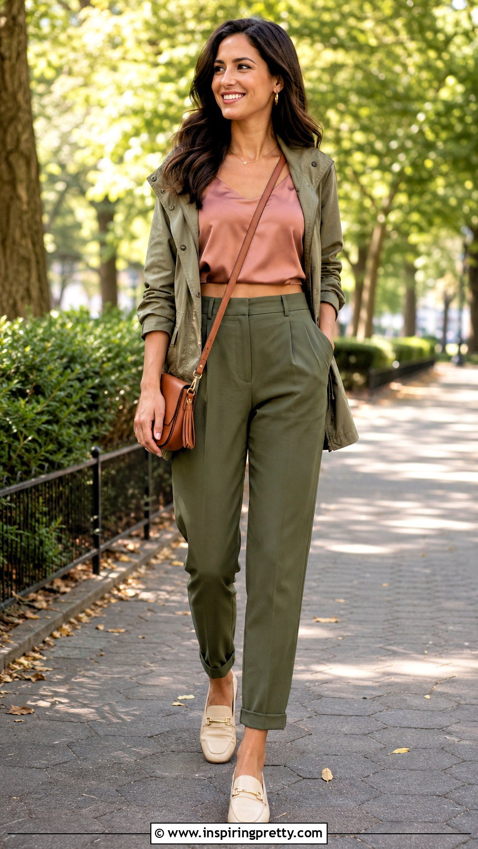 Pink Silk Crop Top With Olive Green Trousers - 25 pink silk crop top outfit ideas