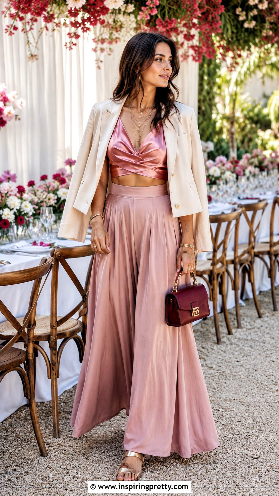 Pink Silk Crop Top With Pink Maxi Skirt - 25 pink silk crop top outfit ideas