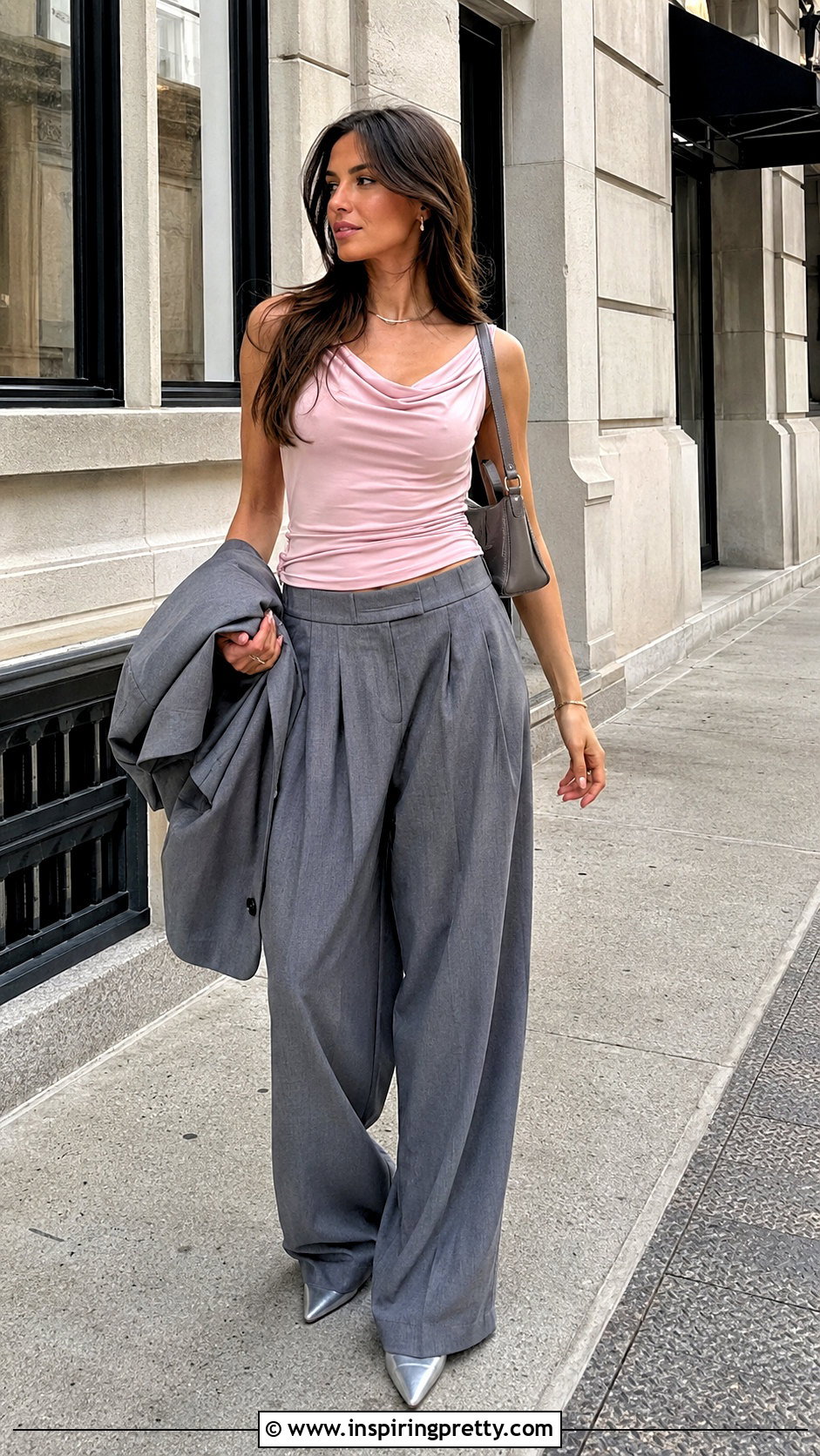 Pink Siren Top With Gray Trousers - 50 siren top outfit ideas